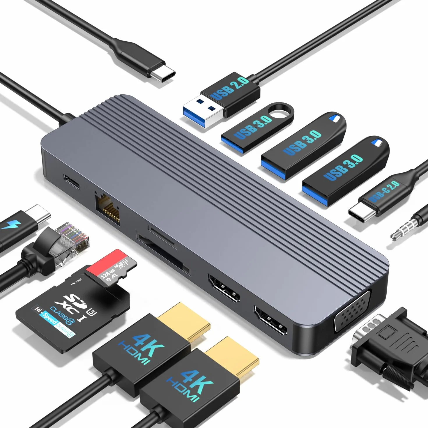 Podwójny monitor stacji dokującej, 13 w 1 USB C z podwójnym HDMI 4K, VGA, Gigabit Ethernet, 100 W PD, 5 USB 3.0/2.0, czytnik kart SD/TF, pomocniczy klucz sprzętowy USB C do MacBooka, Dell