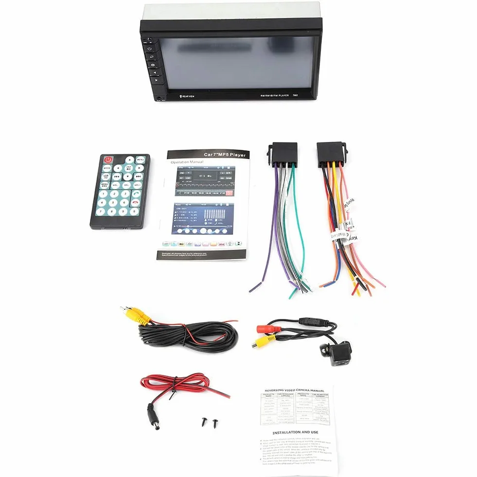 7-calowy samochodowy odtwarzacz MP5 Double Din z ekranem dotykowym, multimedialny odtwarzacz stereo z Bluetooth, radiem FM, ładowanie USB, wejście Aux, obsługa kamery zapasowej, pilot zdalnego