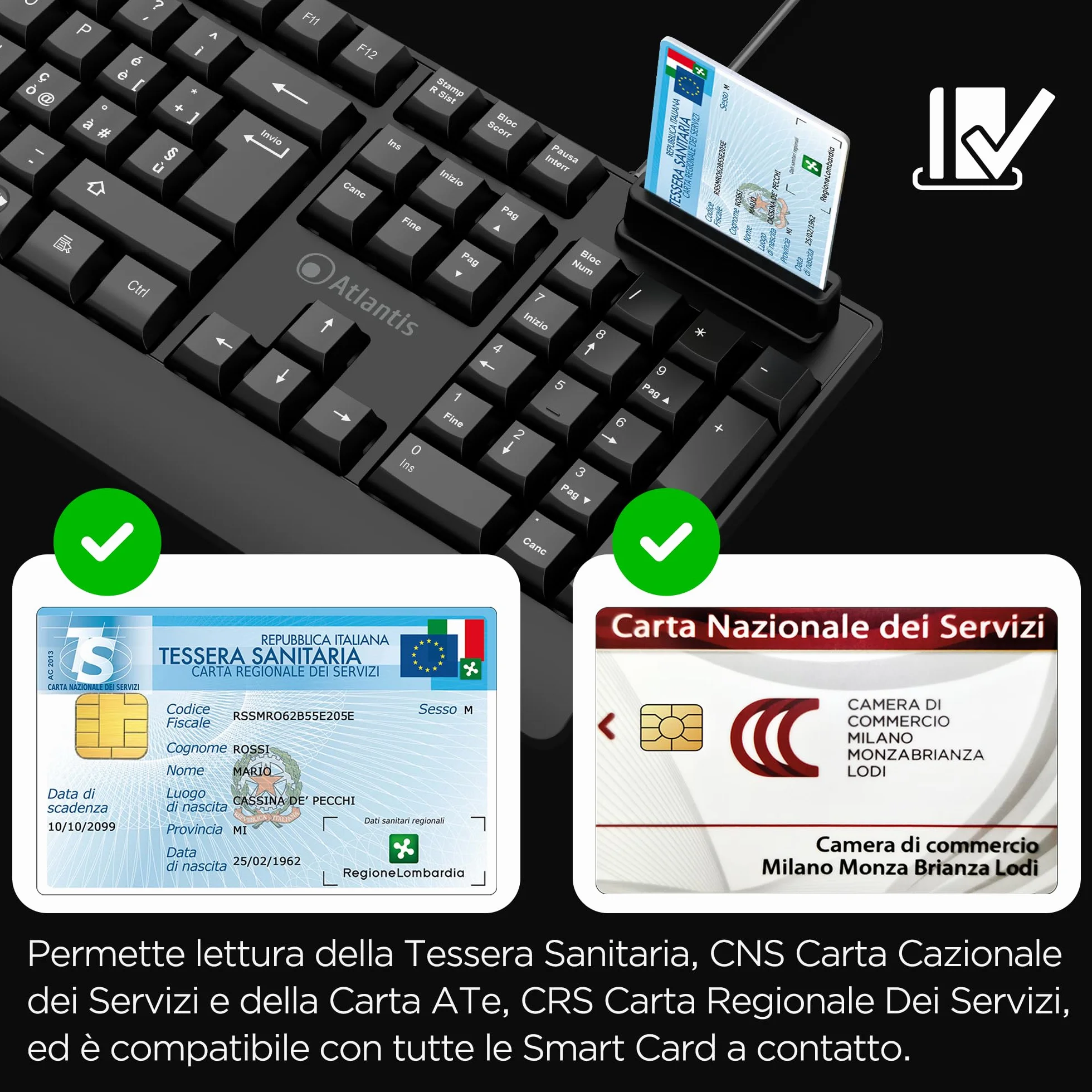 Atlantis Klawiatura z wbudowanym czytnikiem kart SmartCard, włoska QWERTY, odczyt CNS, CRS, karta zdrowia, podpis cyfrowy, złącze USB, kabel 1,5 m - czarny