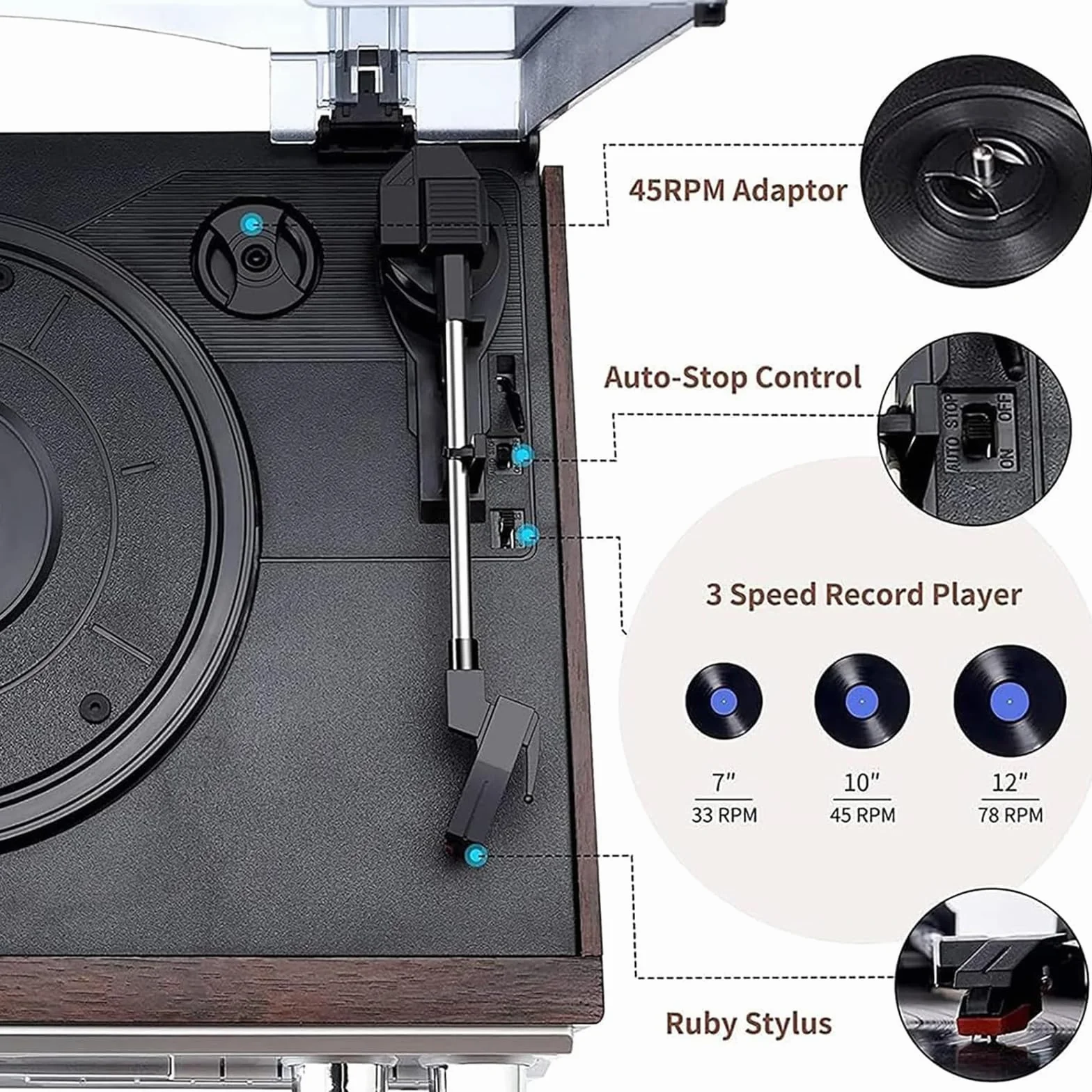 Retro Centrum Muzyczne, Gramofon Z Magnetofonem Kasetowym I Odtwarzaczem CD, 3 Prędkości Z Pokrywą Przeciwkurzową, Bluetooth Radio FM USB I Wbudowane Głośniki Stereo