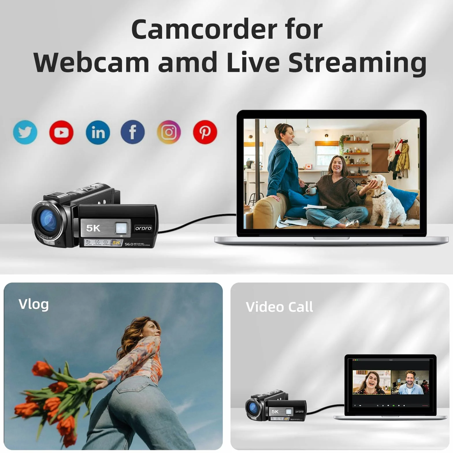 ORDRO Kamera wideo 5K, kamera do vlogowania 56 MP z noktowizorem na podczerwień, ekran dotykowy UHD 3,0 cala, zoom 18x, stabilizator EIS, Wi-Fi, 2 baterie, pilot zdalnego sterowania, przewód kamery z
