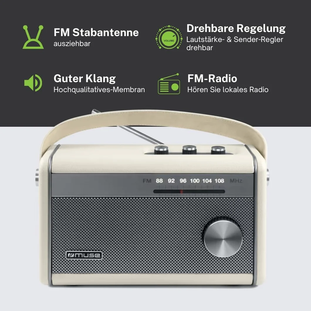 Muse M-098 SC przenośne radio Bluetooth, radio FM moc wyjściowa 10 W, antena teleskopowa FM, podświetlany wskaźnik częstotliwości, USB-C, gniazdo słuchawkowe, radio akumulatorowe, zasilacz w zestawie