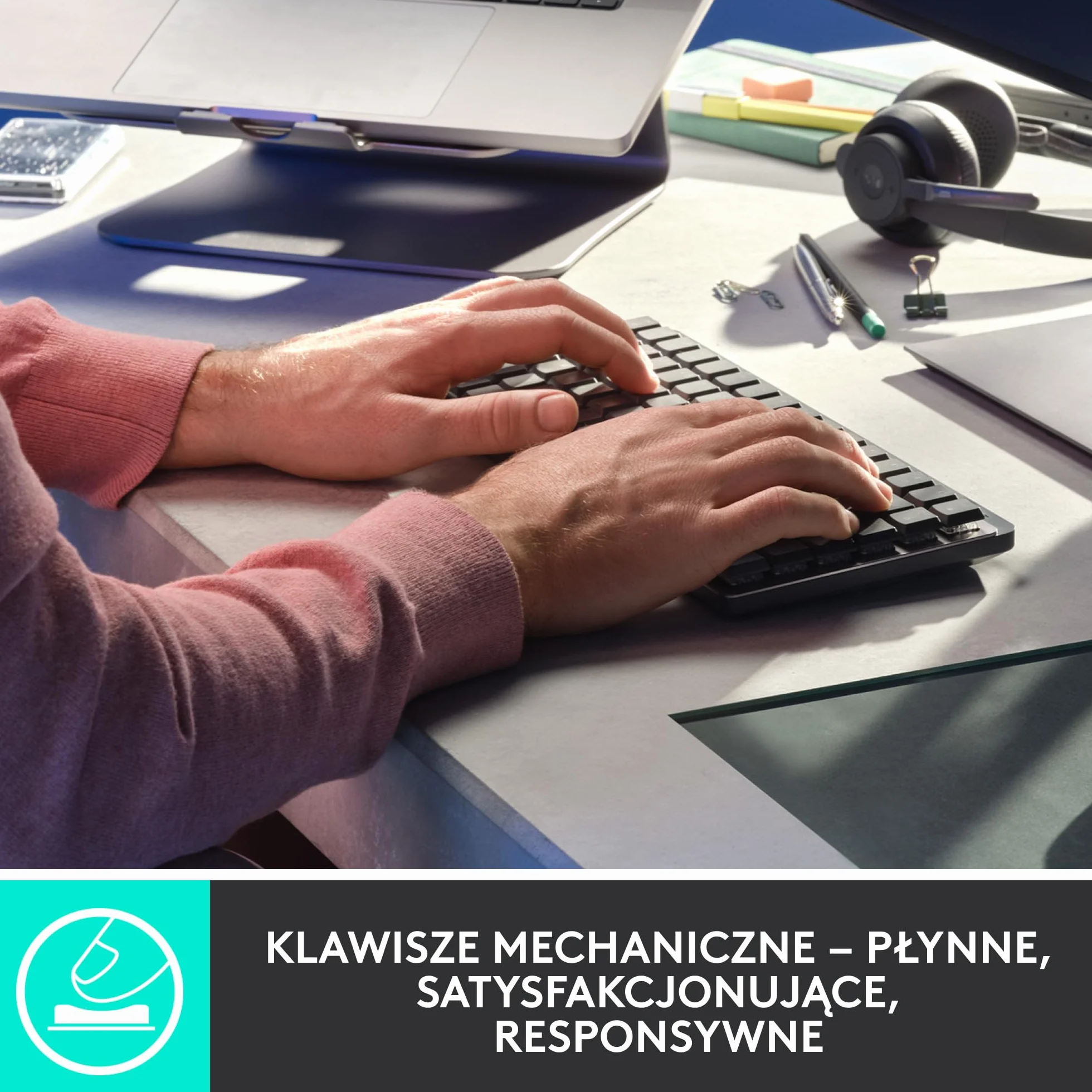 Logitech MX Mechanical Bezprzewodowa Klawiatura Mini podświetlana klawisze Tactile Quiet, Bluetooth, USB-C, macOS, Windows, Linux, iOS, Android, Metal, QWERTY układ US international - Szary