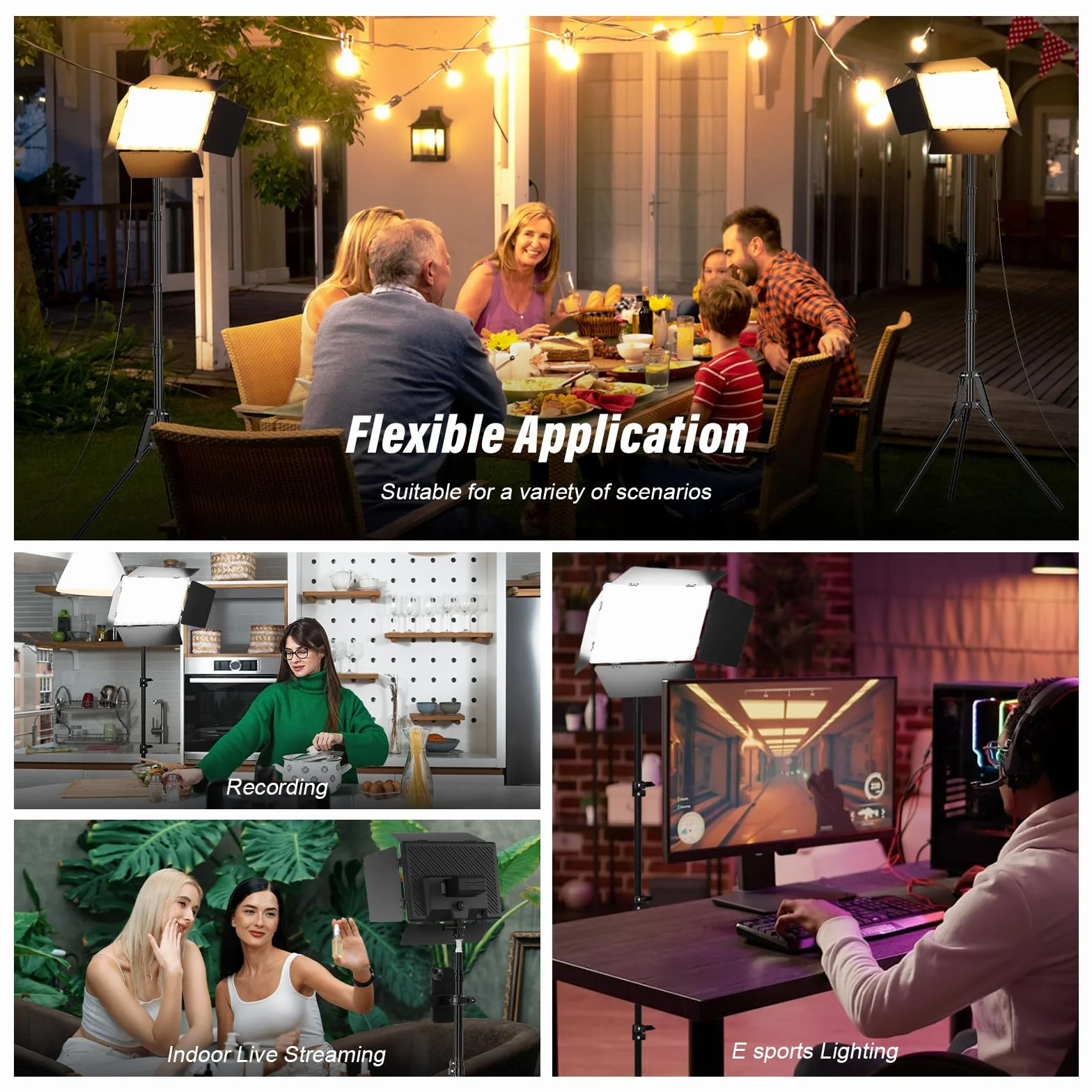 Zestaw dwóch paneli LED do oświetlenia wideo Soonpho z bramą szopową, możliwość ściemniania 2500-6500K, 20W, do fotografii, oświetlenie studyjne z statywem i uchwytem na telefon do wideo, YouTube