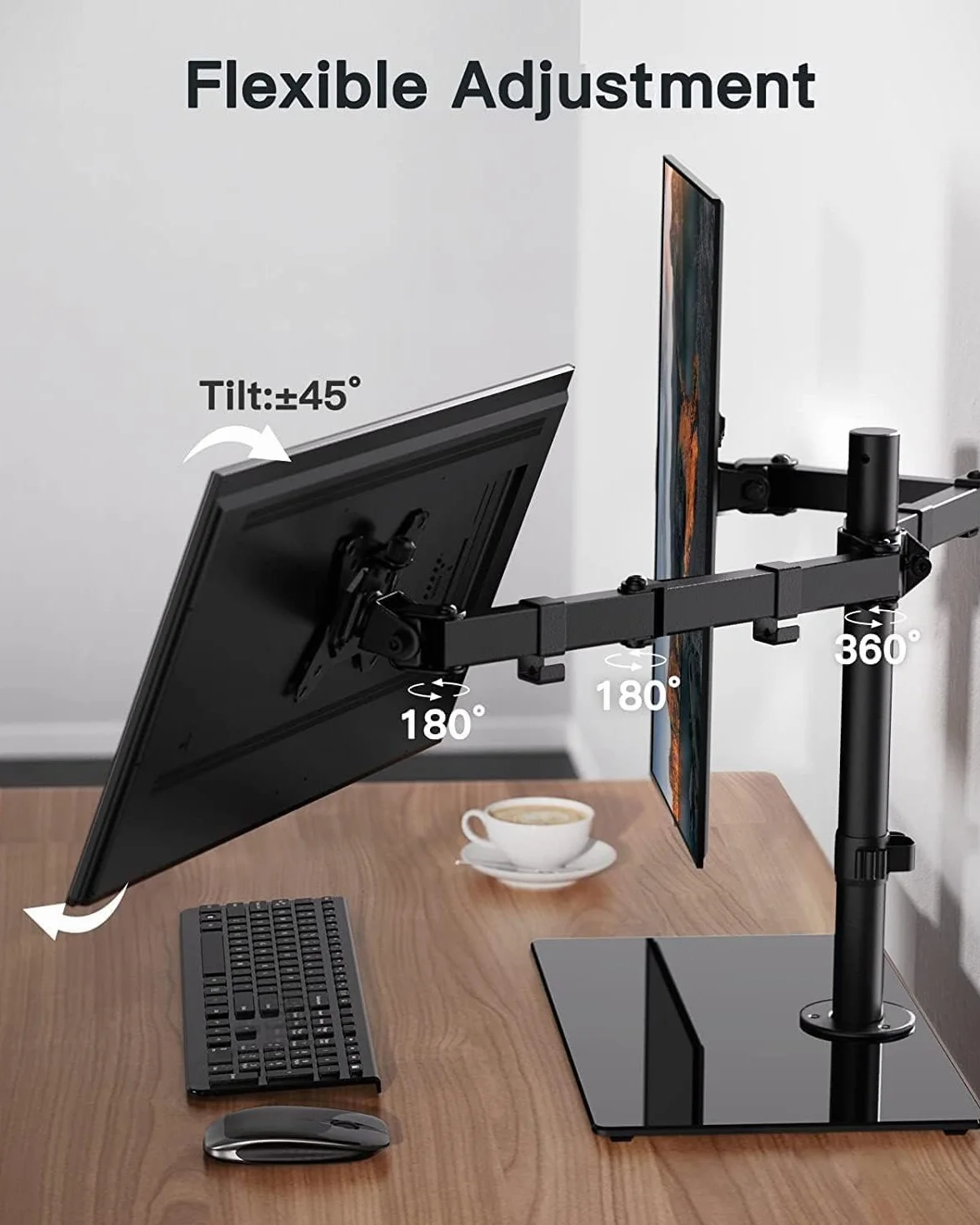 ErGear Uchwyt na podwójny ekran PC dla 13"- 32" z solidną konstrukcją Płynny Ruch Stojak na ekran Pochylenie ±45° 180° Obrót 360° Maksymalna waga 8 kg