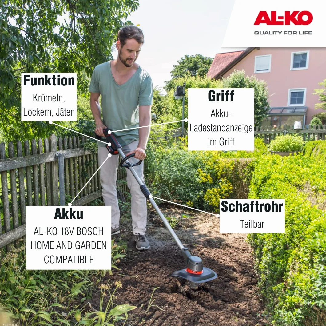 AL-KO Akumulatorowa glebogryzarka TL 1820, akumulator litowo-jonowy 18 V, szerokość robocza 20 cm, nóż metalowy 4x4, dzielony trzpień, czarno-srebrna