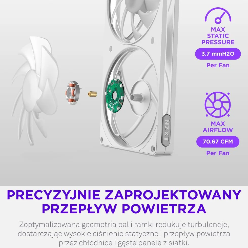 NZXT F360 RGB - Wentylator RGB PWM single-frame 360mm - Biały | Zestaw single-frame 360mm z trzema wentylatorami PWM RGB 120mm. Żywe RGB i łożyska hydrodynamiczne dla cichego chłodzenia.