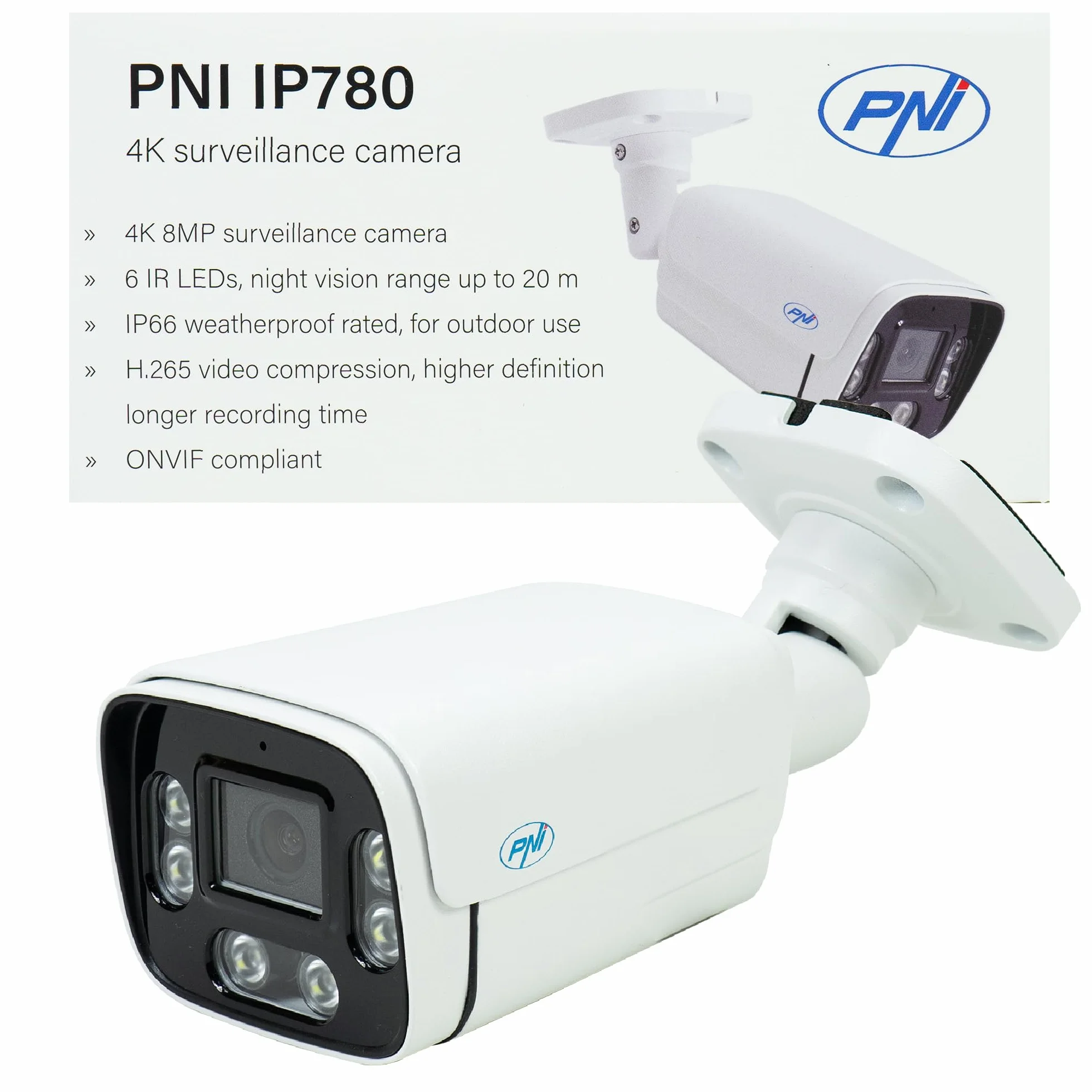 Kamera do monitoringu wideo PNI IP780, 8 MP, 4K, IP, 6 diod IR, IP66, biała