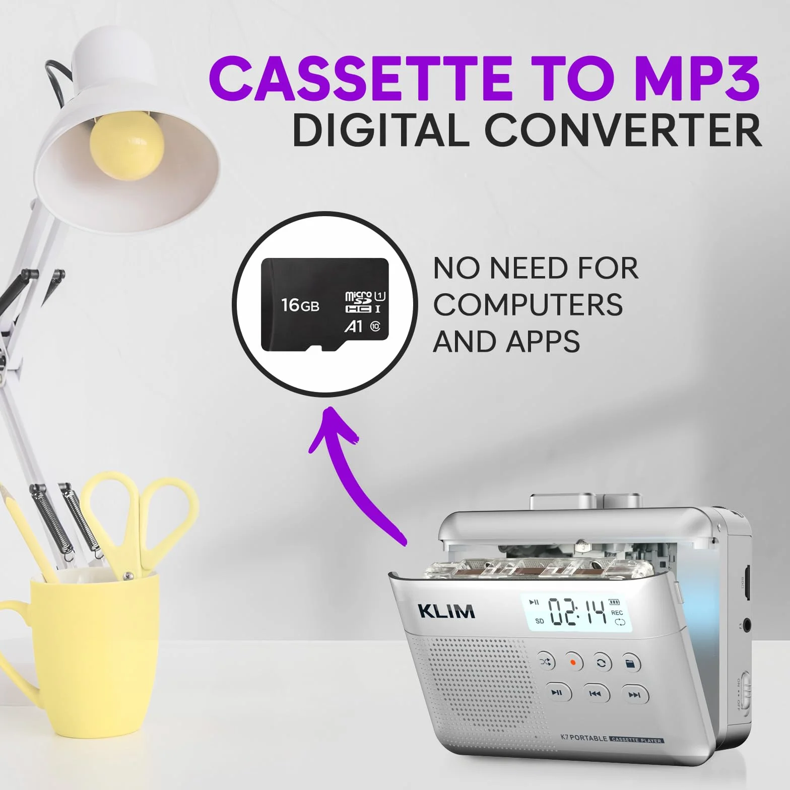 KLIM K7 Magnetofon kasetowy - konwerter kasety na MP3 - przenośny - wbudowany mikrofon i głośnik - akumulator - słuchawki - karta SD 16 GB - srebrny