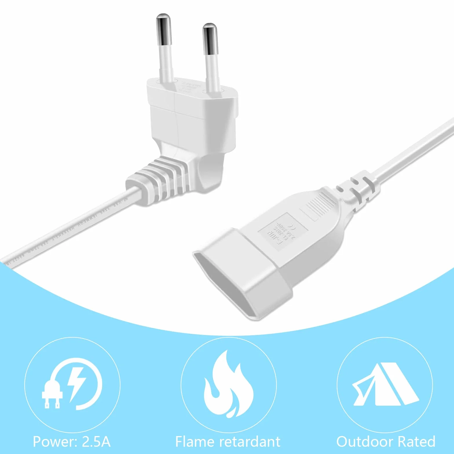 Przedłużacz kątowy Euro, wtyczka 90°, płaska, przedłużacz 2 w 1, cienki, biały, wtyczka euro, przedłużenie 2,5 A/250 V do TV, PC, monitora