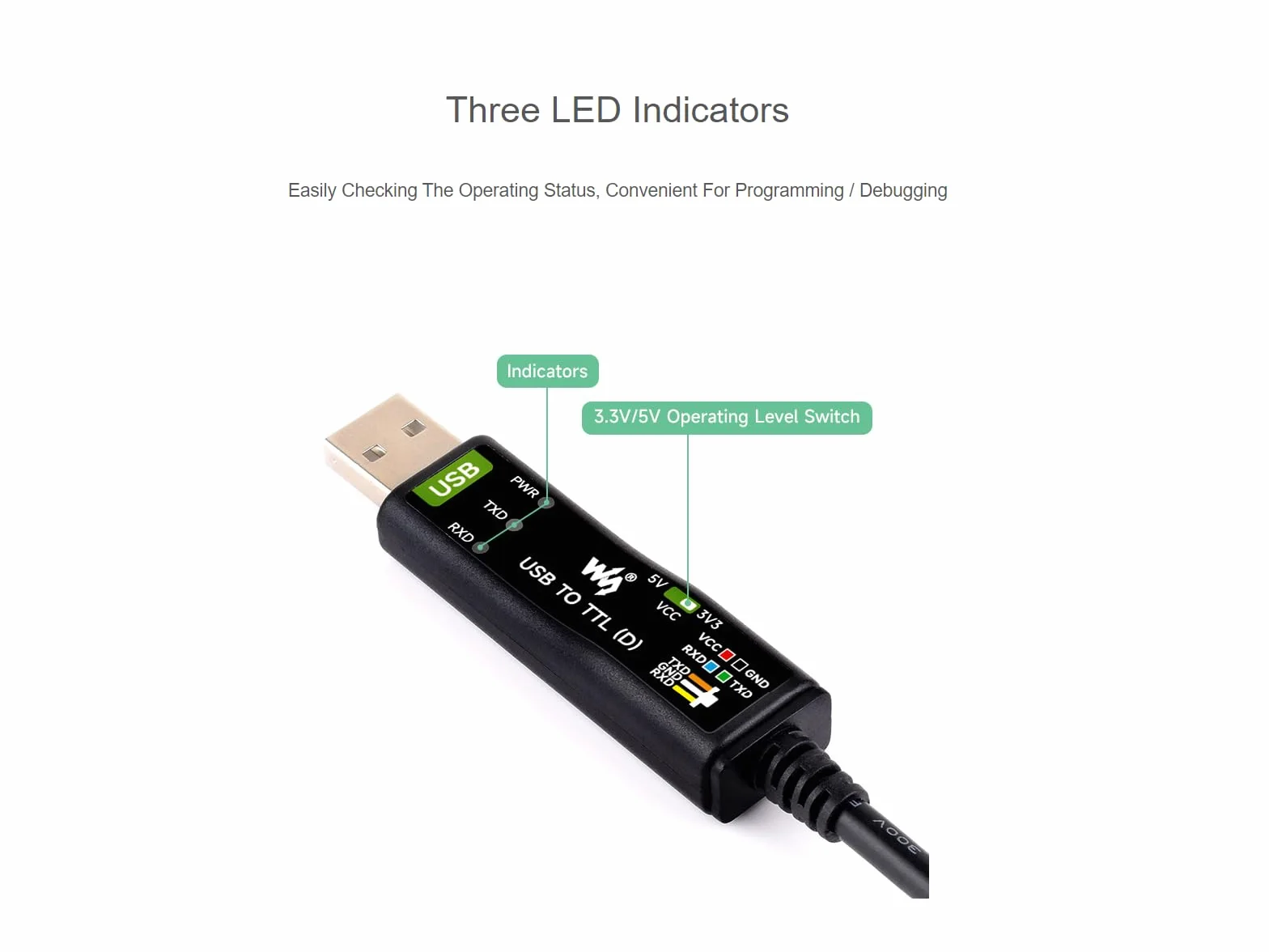 Waveshare Industrial USB to TTL Serial Converter Adapter Cable USB to TTL (D) adapter 3,3 V 5 V Onboard FT232RNL Chip Suitable for Raspberry Pi 5 Serial Port Debugging
