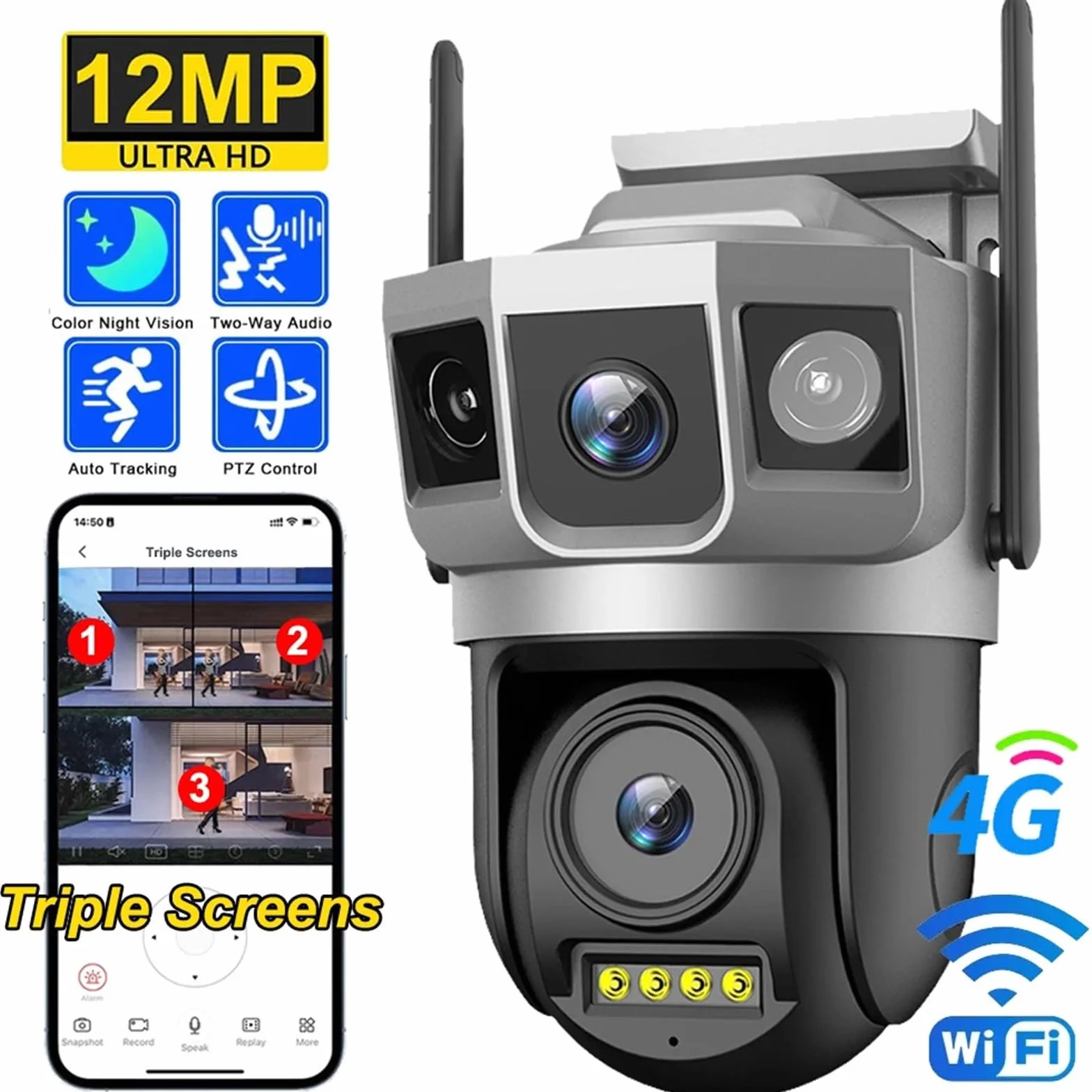 Kamera bezpieczeństwa, Kamera IP WiFi 4MP 6K Podwójny obiektyw Potrójny ekran Inteligentna sieć Bezprzewodowy monitor Bezpieczeństwo Ochrona CCTV Kamery domowe(WiFi Cam 32GB Card)