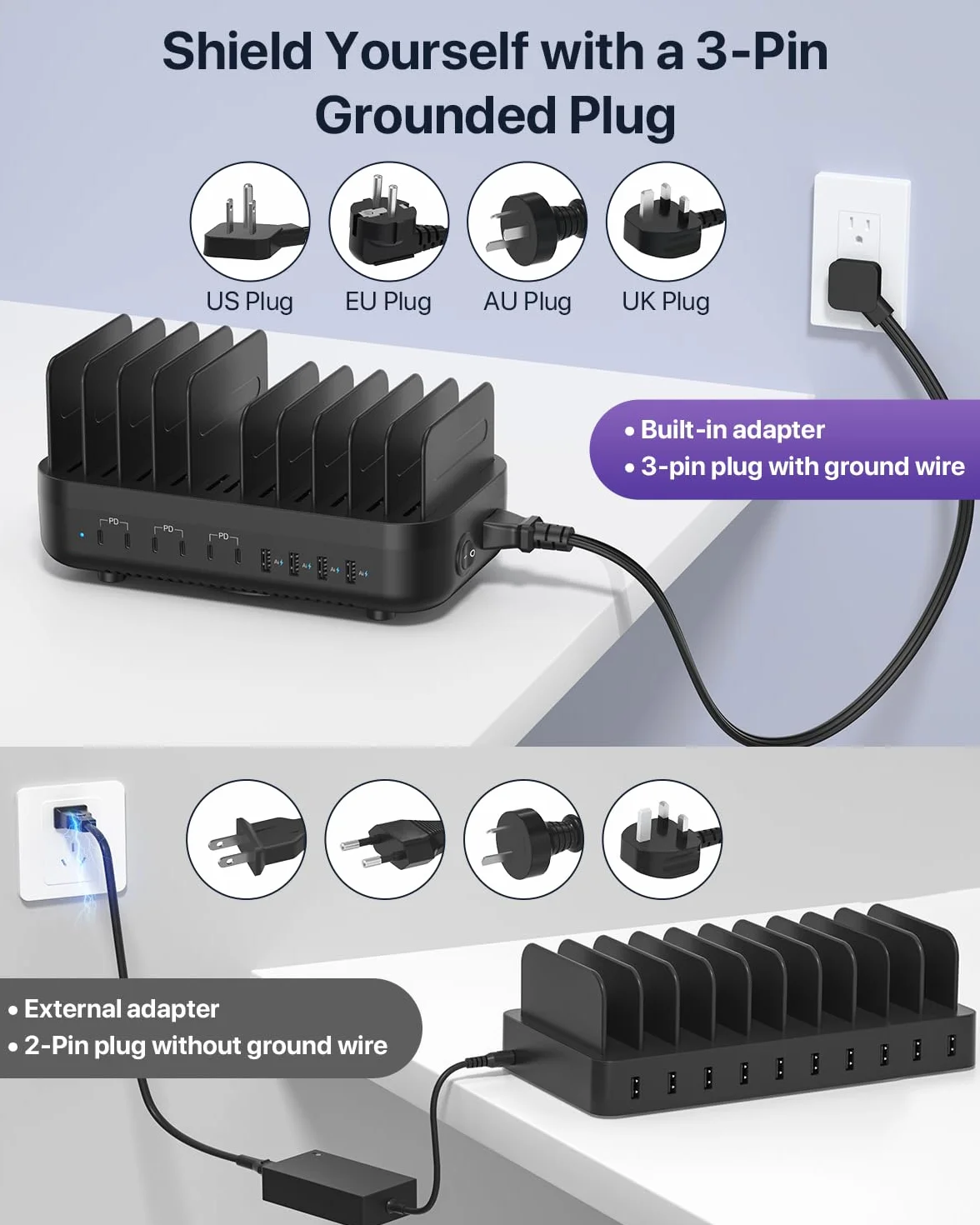 SooPii 100 W 10-krotna stacja ładująca USB z 6 portami USB-C i 4 portami USB-A, szybkie ładowanie PD, kompatybilna z lPhone, LPad, Galaxy i innymi urządzeniami, w tym 10 mieszanych kabli do ładowania