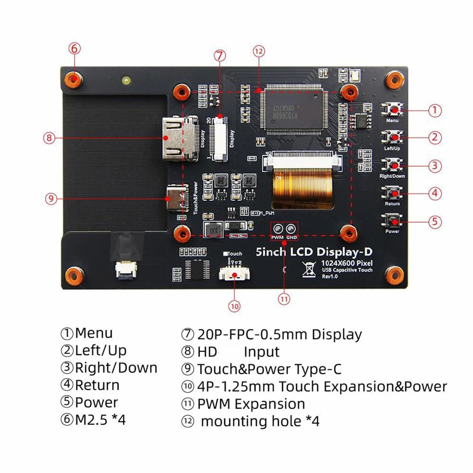 5-calowy ekran dotykowy panel monitora LCD pojemnościowy wyświetlacz dotykowy 1024x600 dla 5 3B+ 4B płyta rozwojowa pojemnościowy monitor USB
