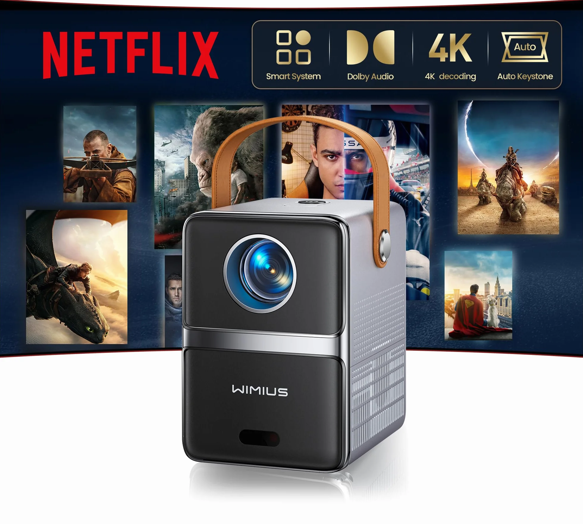 Mini projektor 4K [Netflix Official|Dolby Audio] inteligentny projektor z WiFi6 2-drożny Bluetooth Full HD 1080p, elektryczna ostrość, pionowa korekcja trapezu, projektor z krótką odległością
