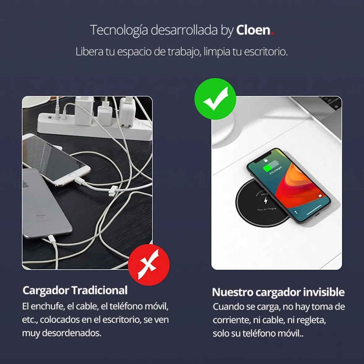Bezprzewodowa ładowarka szybka Invisible, technologia Qi, Kompatybilny z iPhonem, Samsung Galaxy, Pixel, Xiaomi, Huawei, OPPO, Sony, LG, Nokia, TCL, Wbudowany pod stołem, do 33 mm, Cloen