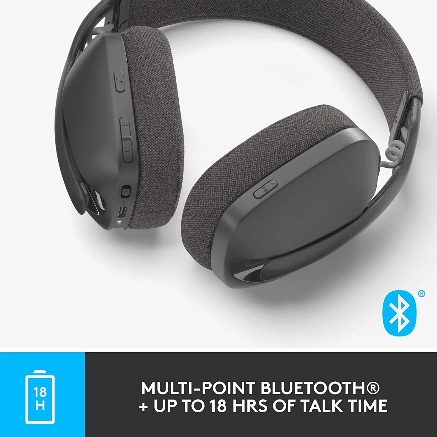 Bezprzewodowe słuchawki Logitech Zone Vibe Bluetooth z mikrofonem z redukcją szumów tła, USB-A, USB-C dla Google Meet, Google Voice, Zoom, Mac/PC, Grafitowy