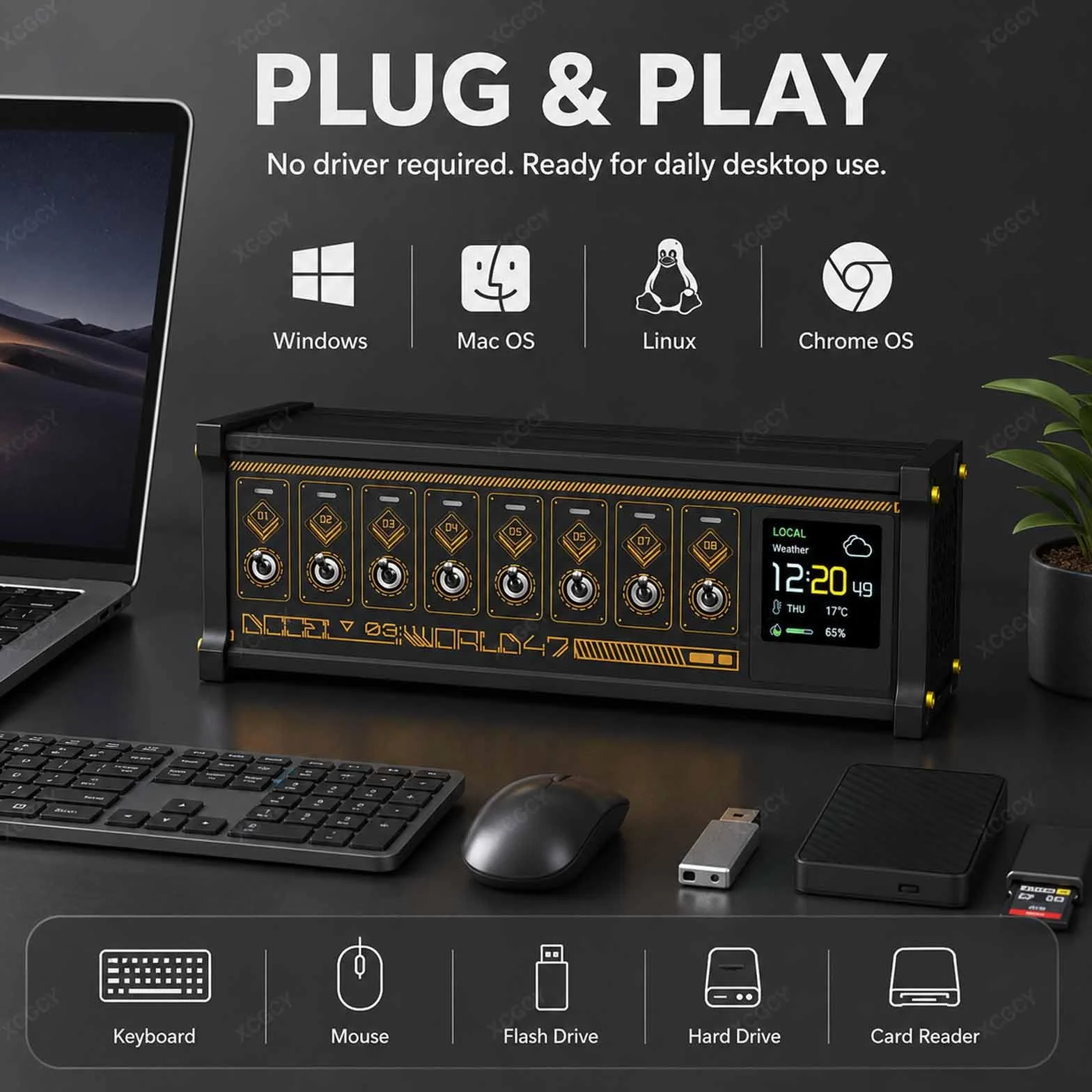 Stacja Dokująca Usb Z 8 Portami, Przenośna Ładowarka Podróżna Z Szybką Transmisją Danych, 1,54-calowy Kolorowy Ekran Ips, Koncentrator Usb O Mocy 36 W Z Indywidualnymi Przełącznikami Black Gold