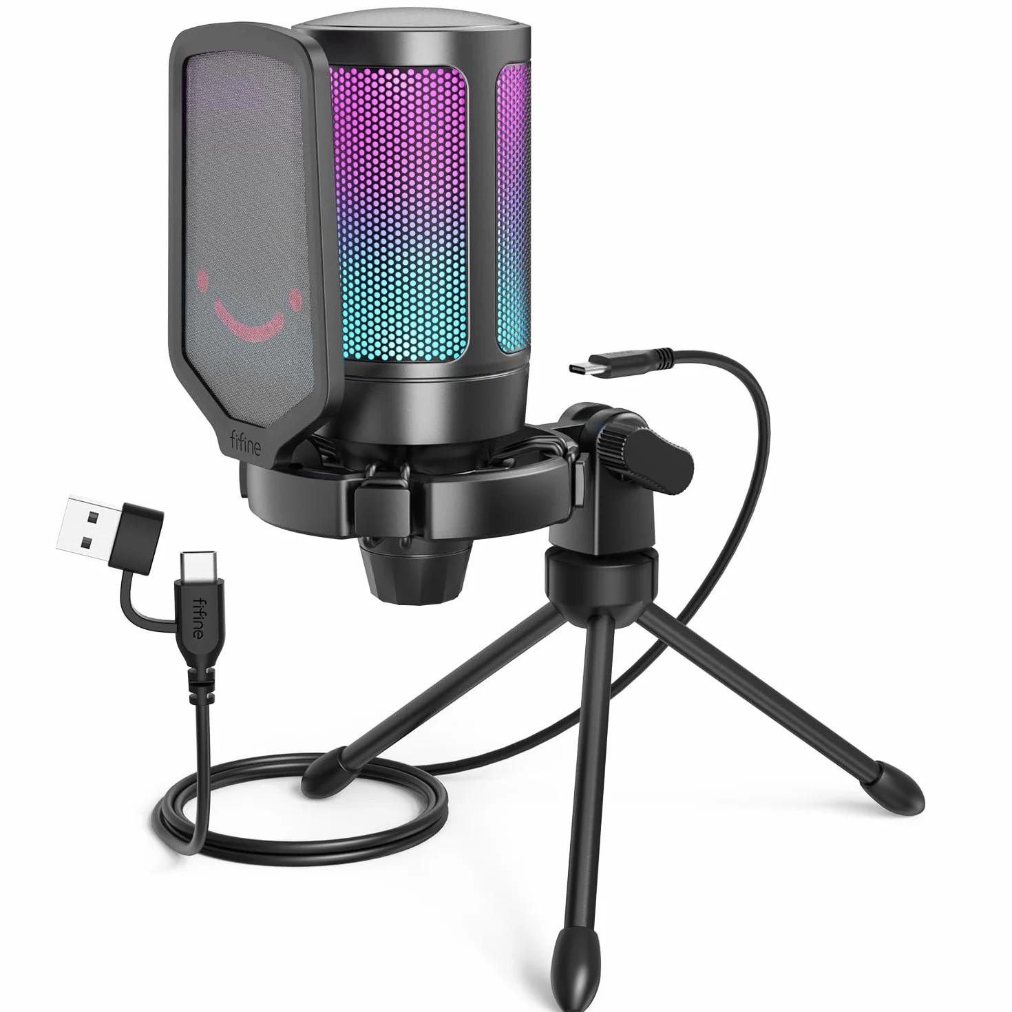 FIFINE PS5 mikrofon pojemnościowy RGB z przyciskiem Tap-to-Mute, odporny na wstrząsy, filtr pop, kontrola wzmocnienia do przesyłania strumieniowego, podcastu, Discord, Twitcha, AmpliGame