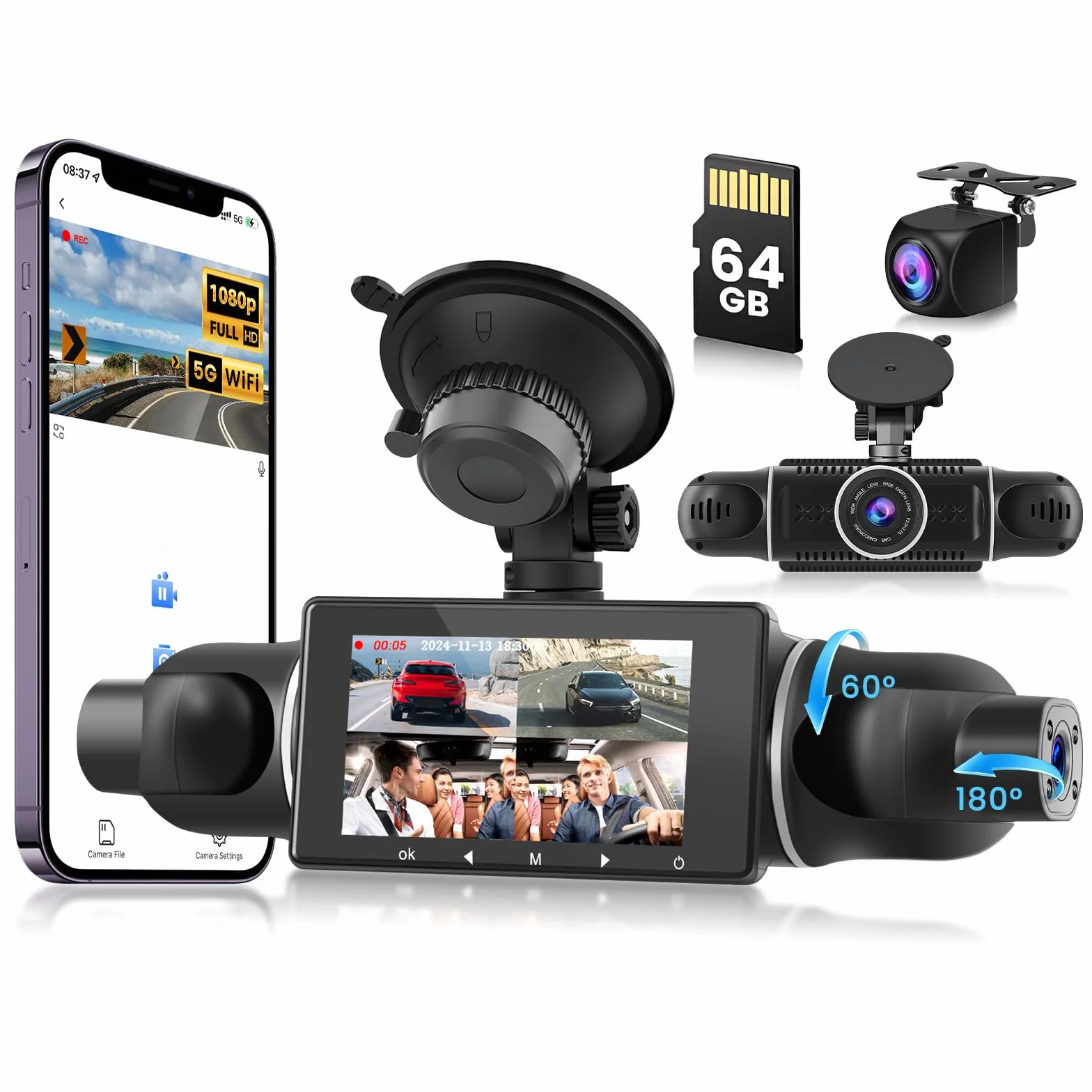 Kamera samochodowa z przodu 2K, wyświetlacz IPS 3" i 5G WiFi i karta 64 GB, obracana o 360°, kamera samochodowa z noktowizorem WDR, czujnik G, aplikacja Control, nagrywanie w pętli, szeroki kąt