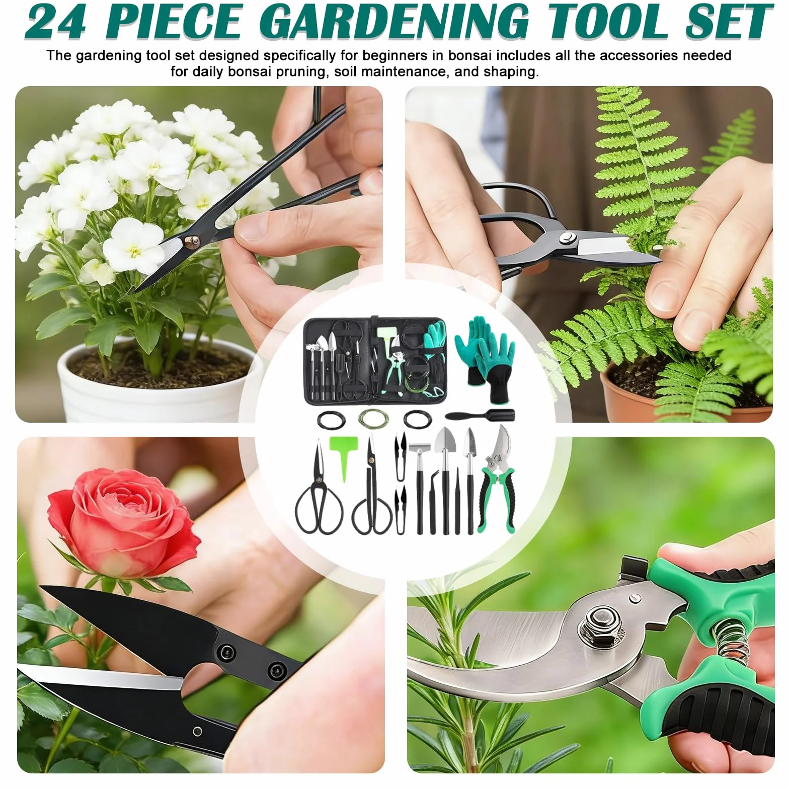 24-częściowy zestaw narzędzi ogrodowych do bonsai z nożyczkami, pęsetą, rękawicami, łopatą