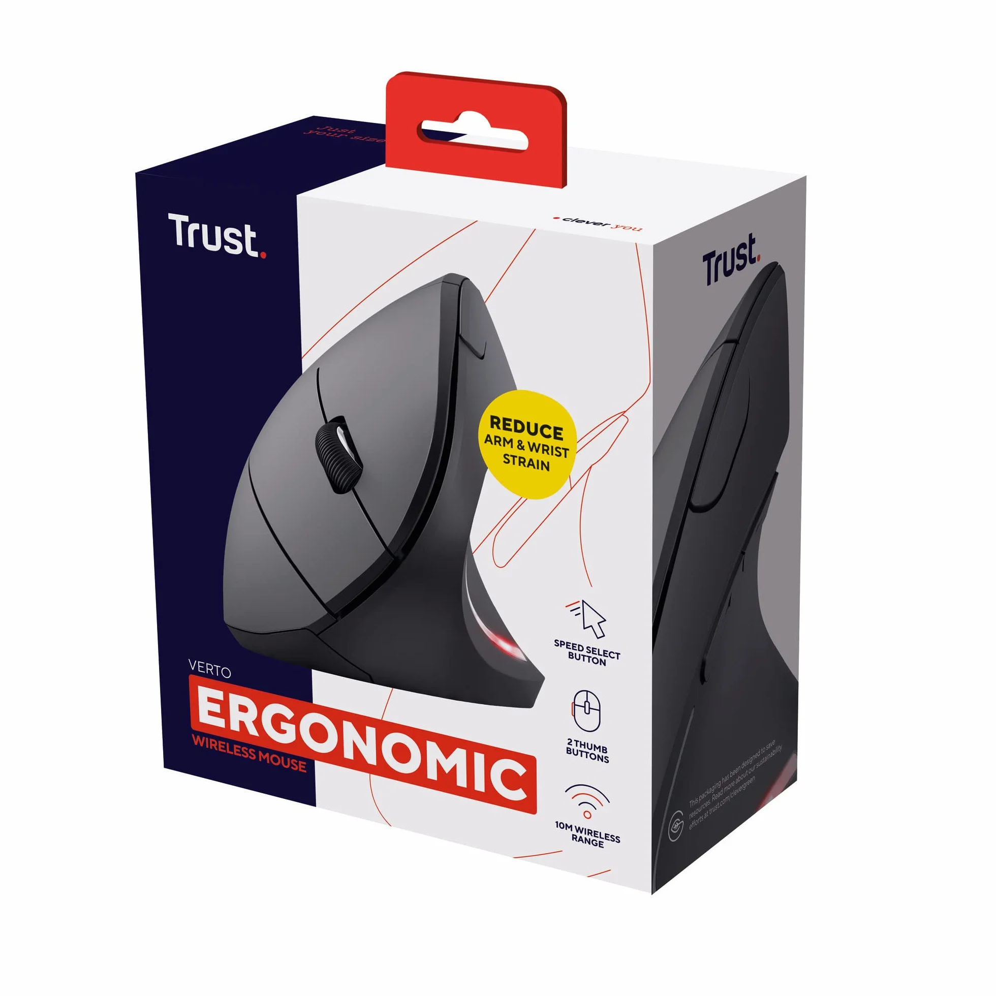 Trust Verto Verto Vertical Mouse, 800-1600 DPI, ergonomiczna mysz, praworęczna, bezprzewodowa mysz LED, 6 przycisków, RF 2.4GHz, odbiornik USB, dla komputerów Mac, PC, laptop, baterie w zestawie