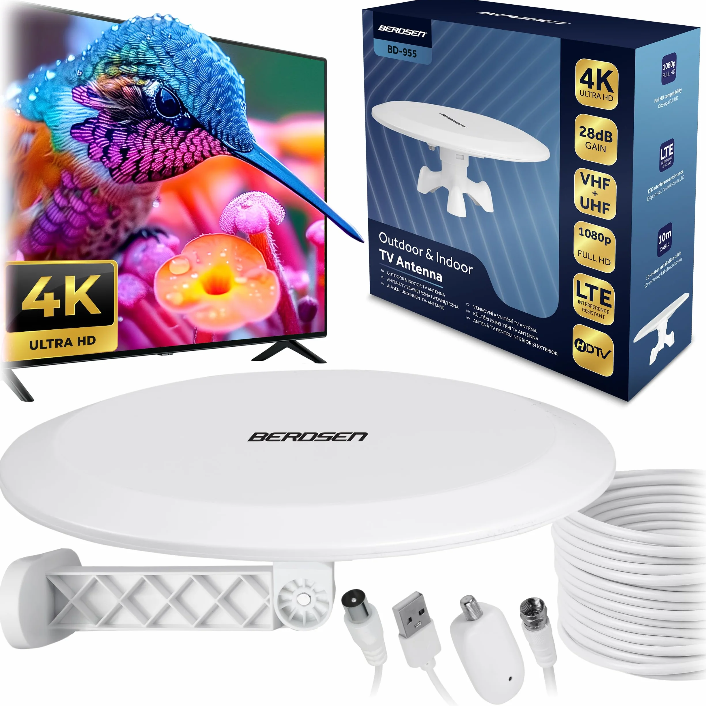 Berdsen Antena DVBT2 ze Wzmacniaczem 28 dB - Antena Pokojowa do Telewizora - Kabel 10 m - Zasięg 80 km Filtr LTE DVB-T i DVB-T2 - Biała