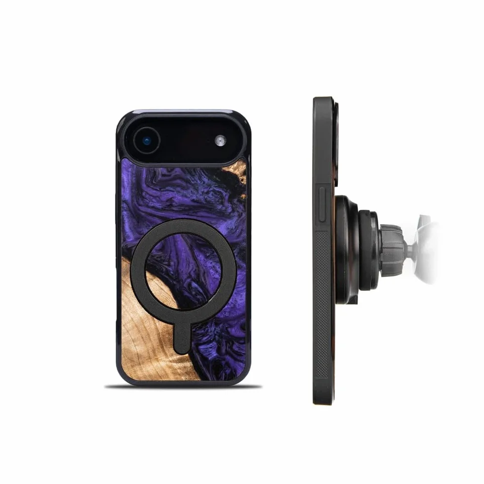 Unikalne etui kompatybilne z iPhone 17 Air – unikat w kolorze fioletowym i drewnianym – ręcznie wykonane etui ochronne ze szlachetnego drewna i żywicy kompatybilne z MagSafe, Made in Poland