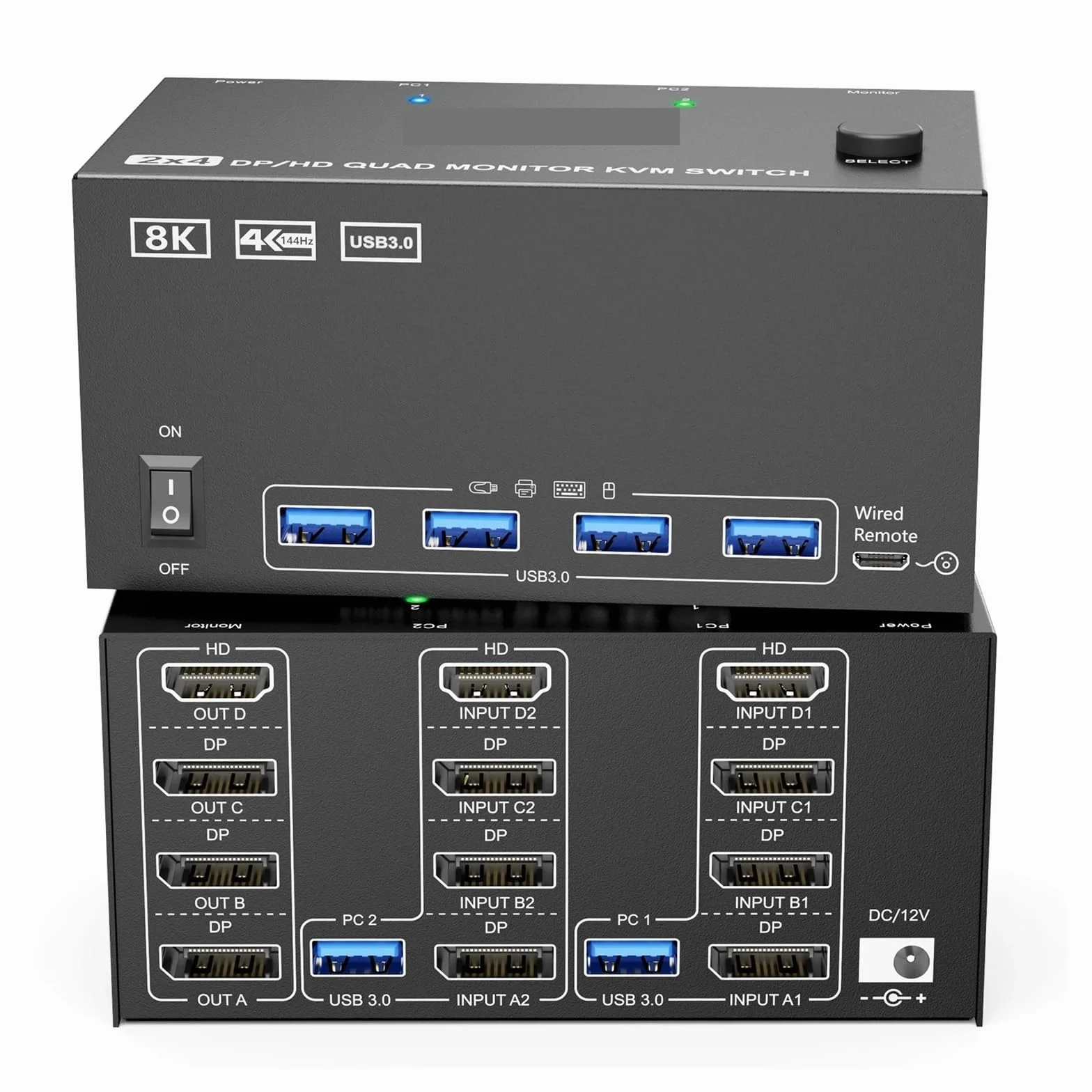 Konwerter Cyfrowy, Przełącznik KVM 4 Monitory 2 Komputery, 4K144Hz + Displayport Obsługa 8K30Hz, 3 PC Potrójne Przełączniki