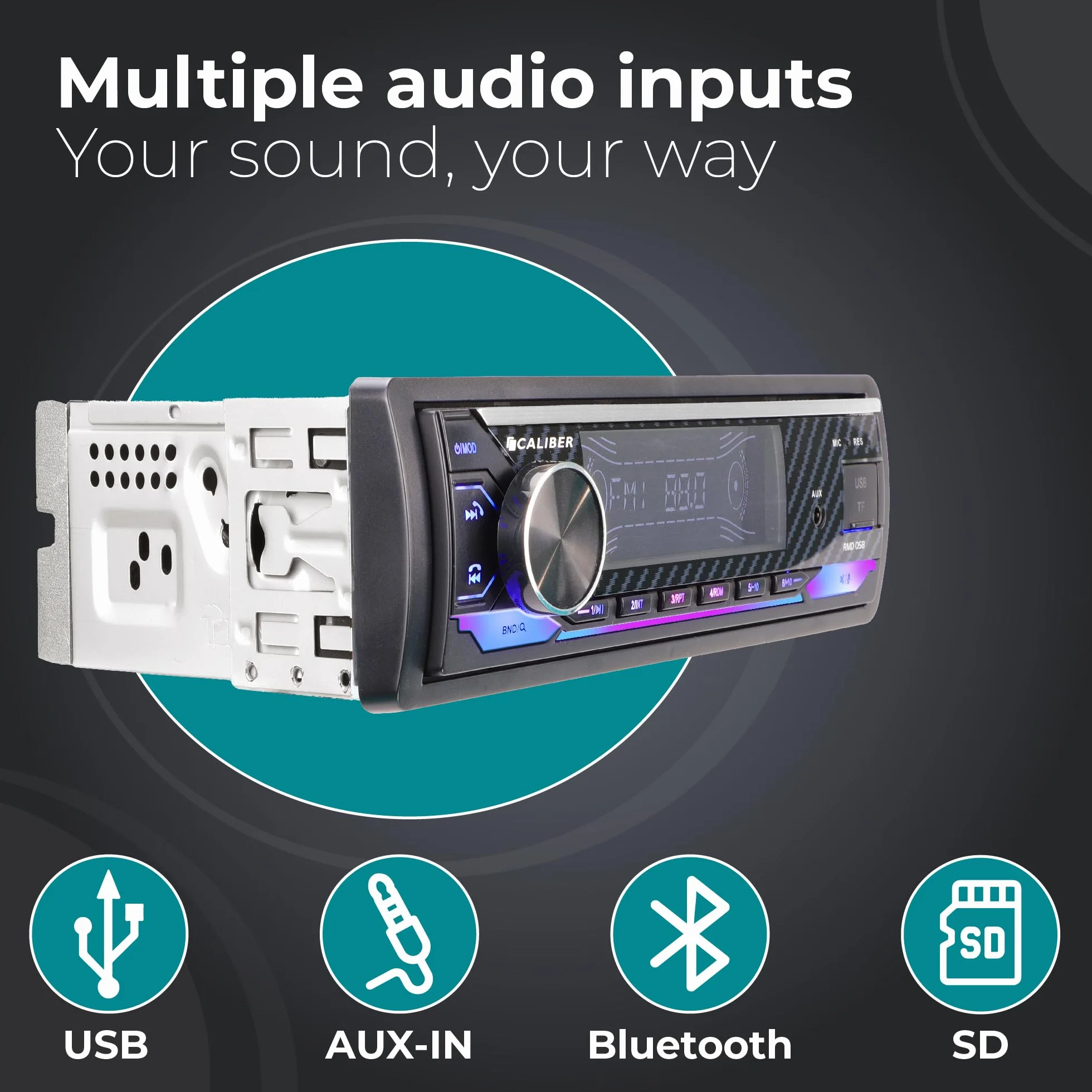 Caliber Radio samochodowe Bluetooth 1DIN, tuner FM, 4 x 100 W, USB/Micro SD, funkcja ładowania 2,1 A, Aux-in, zestaw głośnomówiący, zewnętrzny mikrofon, wyjście RCA, MP3/WMA/APE/FLAC