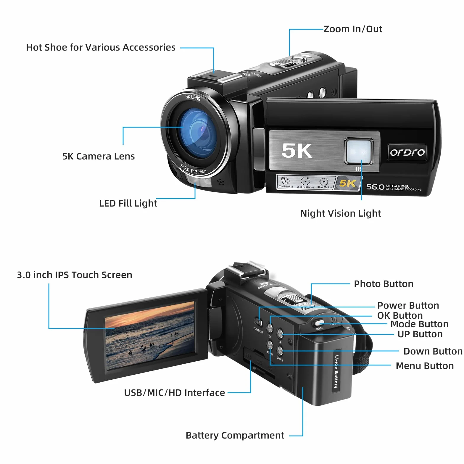 ORDRO Kamera wideo 5K, kamera do vlogowania 56 MP z noktowizorem na podczerwień, ekran dotykowy UHD 3,0 cala, zoom 18x, stabilizator EIS, Wi-Fi, 2 baterie, pilot zdalnego sterowania, przewód kamery z