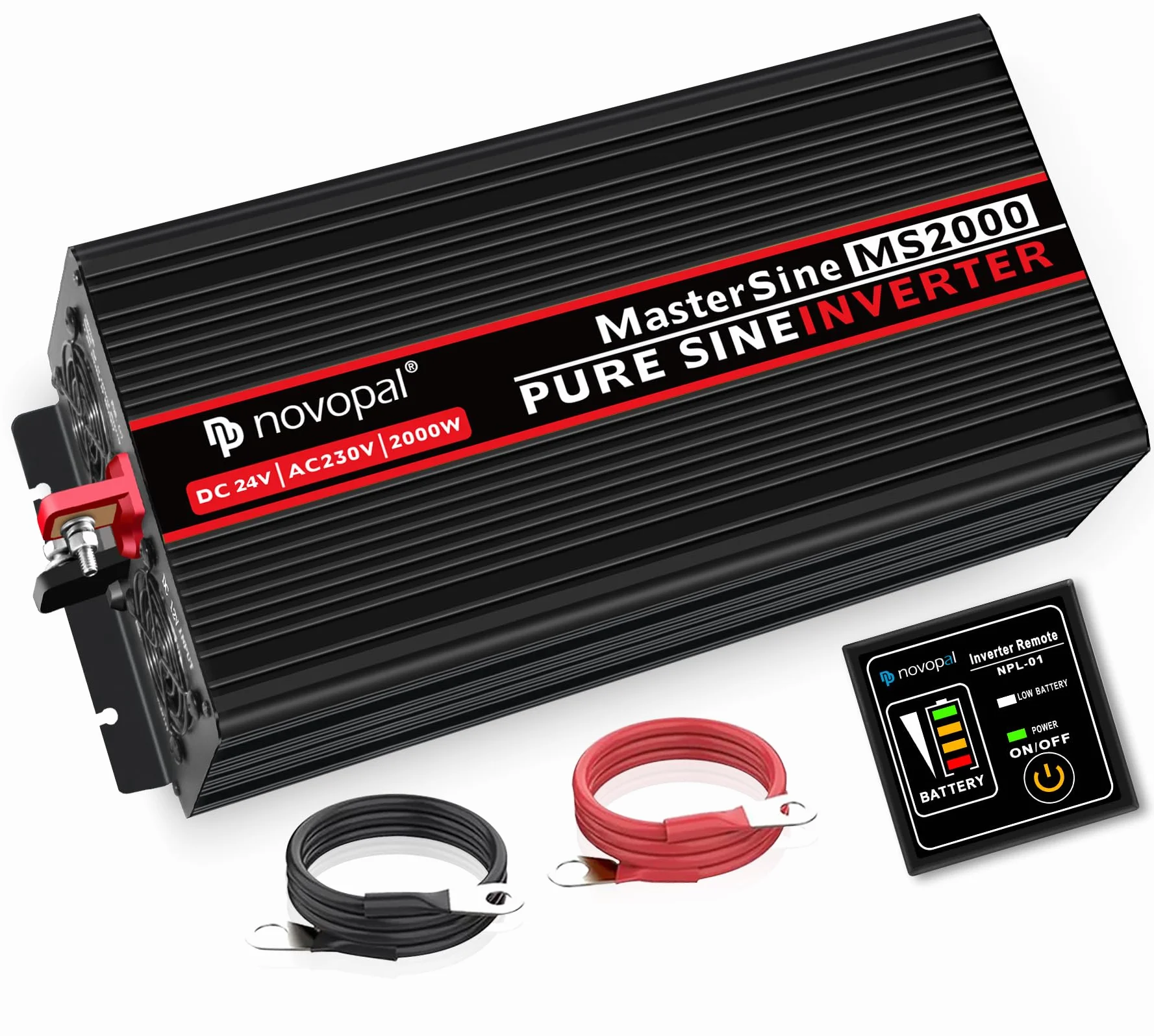 NOVOPAL Przetwornica napięcia, 2000 W, 24 V na 230 V, czysta sinusoidalna przetwornica napięcia, z pilotem zdalnego sterowania 5 m i portami USB, do kampera, samochodu, na kemping