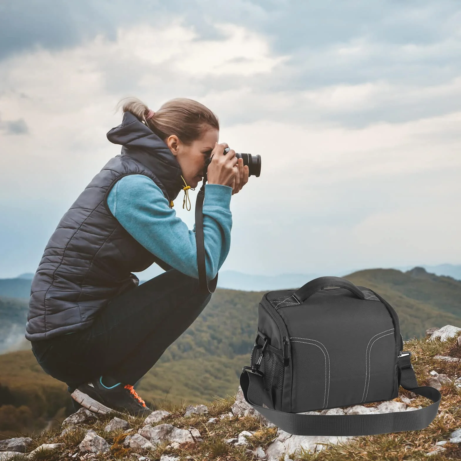 Andoer Wyściełana torba na aparat podróżny Wodoodporna odporna na uderzenia obudowa aparatu Torba na ramię na aparat DSLR/SLR/Mirrorless z wymiennymi przegrodami