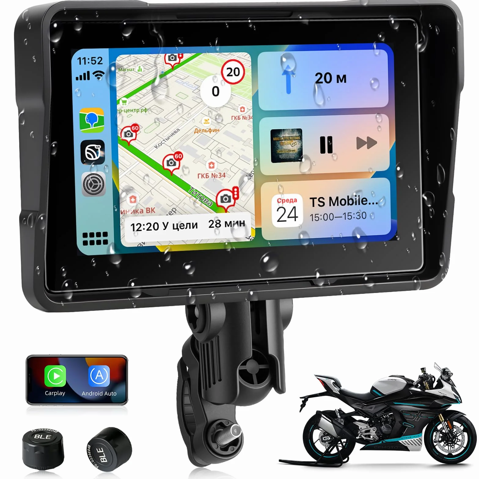 Jansite Carplay Moto Android Auto Screen z TPMS, 5-calowy ekran dotykowy Moto Navigator Wodoodporny IP67 CarPlay i Android Auto Wireless, nawigacja GPS, Siri Goo-gle