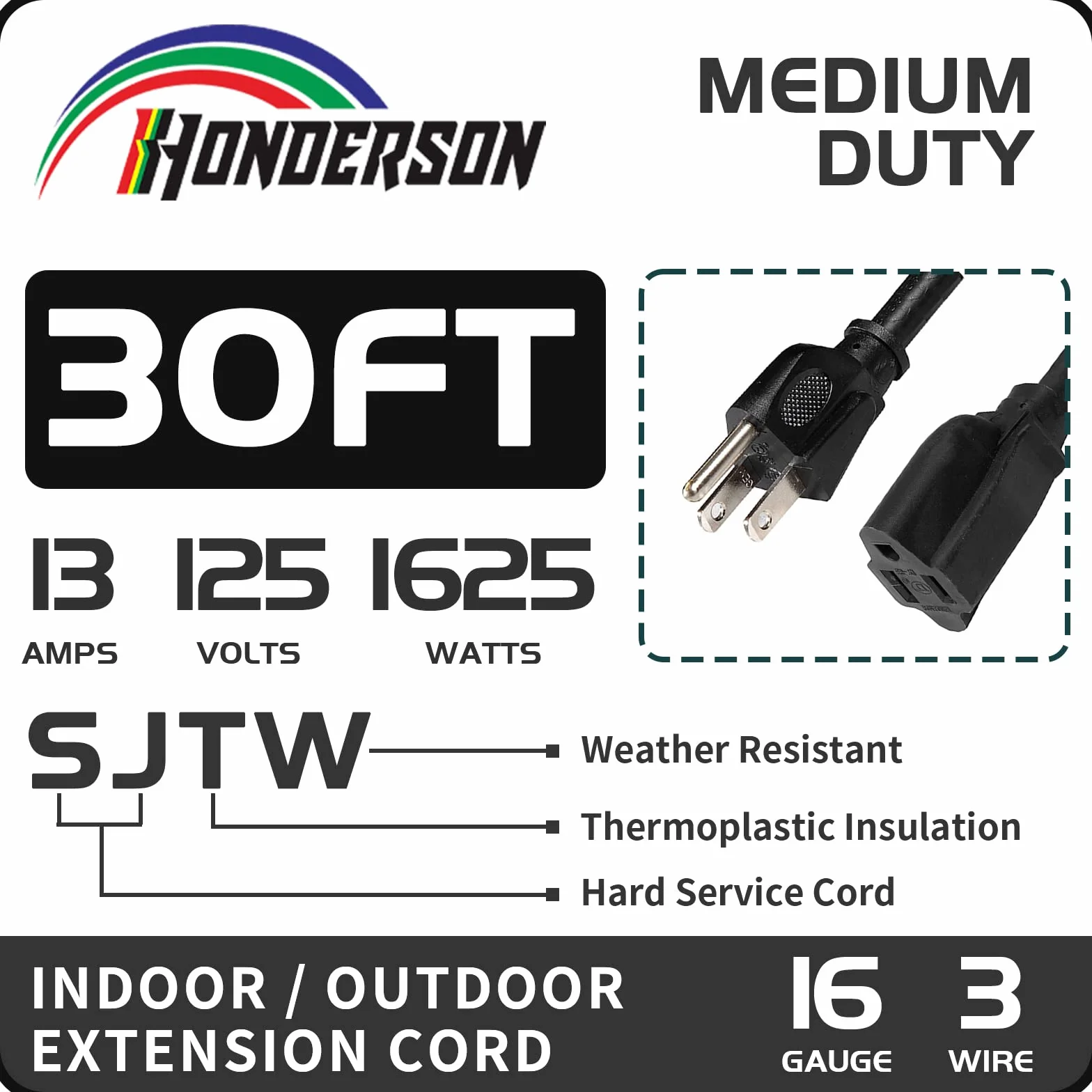 30FT Outdoor Extension Cord-16/3 SJTW Trwały Czarny Kabel Przedłużający z 3 Prong Grounded Plug for Safety
