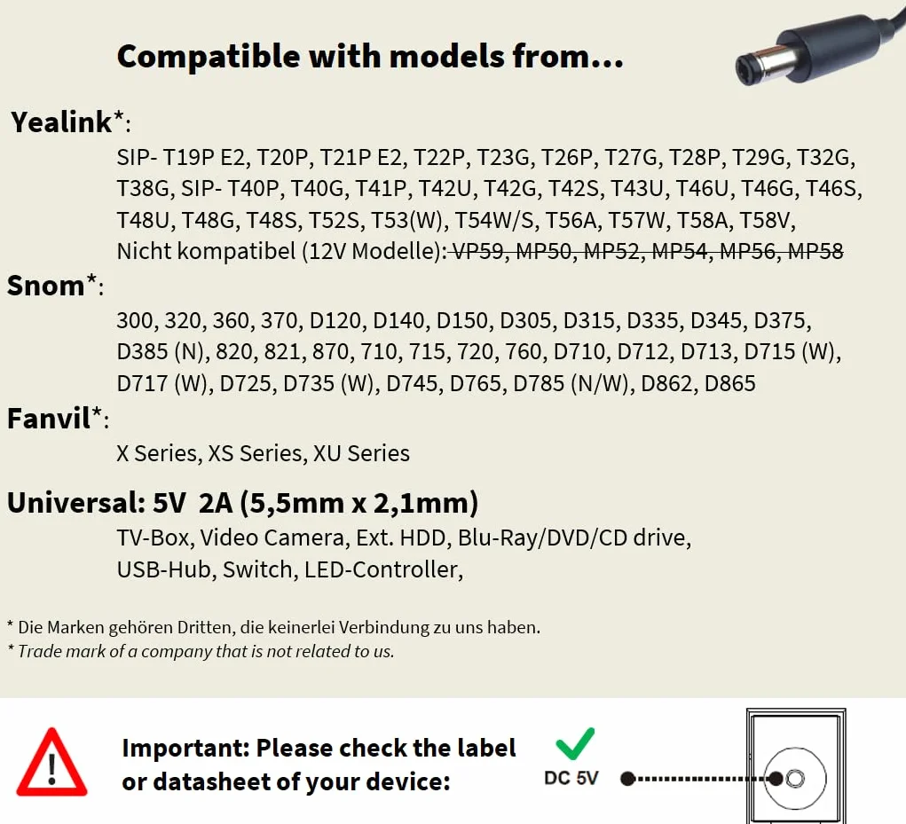 GEQUDIO Zasilacz sieciowy 5 V/2 A kompatybilny z telefonami Yealink, Snom, Fanvil, Grandstream i innymi telefonami IP - wąski adapter i energooszczędny - uniwersalna ładowarka z wtyczką drążoną - 1