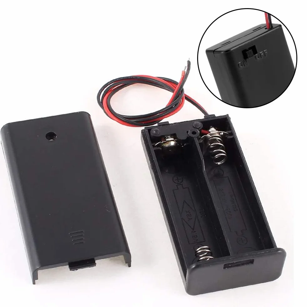 YIXISI Pojemnik na Baterie 2×1.5V 3V AA Plastikowy z Pokrywą ON/OFF Wyłącznik Czarny