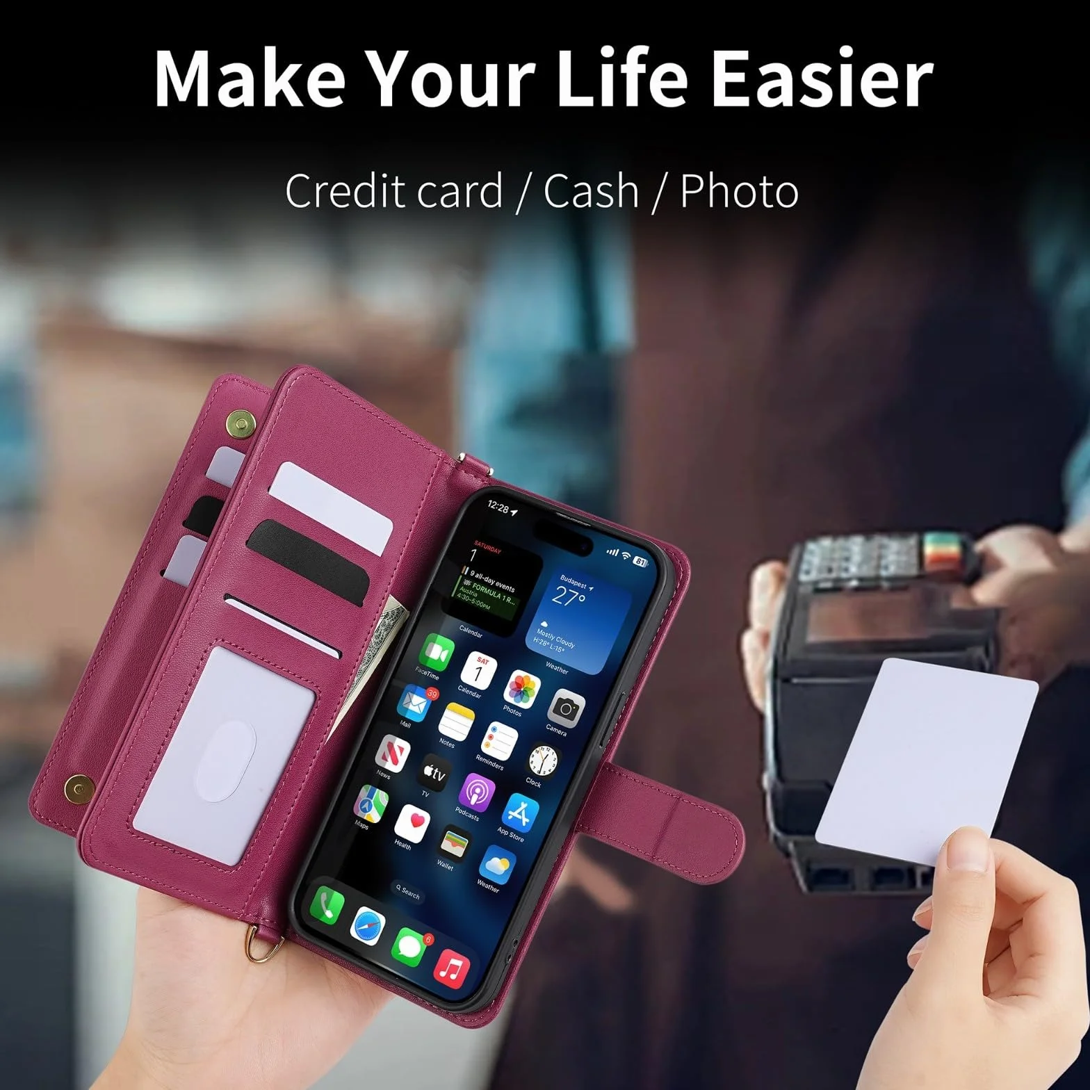Generic etui kompatybilne z iPhone 15 (kolor: czarny) pasek skórzany portfel crossbody z klapką magnetyczne etui z tyłu