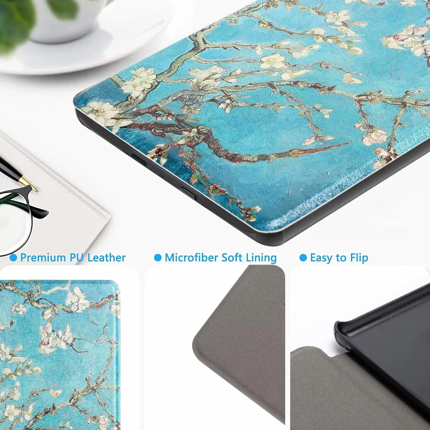 MOKASE Etui Compatible with Kindle Paperwhite 7„ (12. generacja, 2024) i Kindle Colorsoft Signature Edition, ultracienkie etui ochronne ze skóry PU z paskiem na rękę do czytnika 7” 2024, Blossom