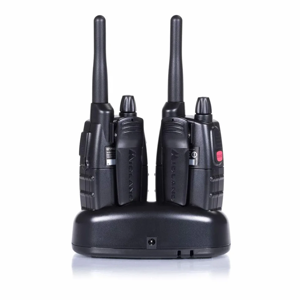 Midland G7 Pro PMR+LPD C1090.06 wytrzymałe urządzenie do profesjonalnego lub prywatnego użytkowania, z wyświetlaczem LCD, łącznie z podwójną ładowarką i klipsami do paska, 2 sztuki w zestawie