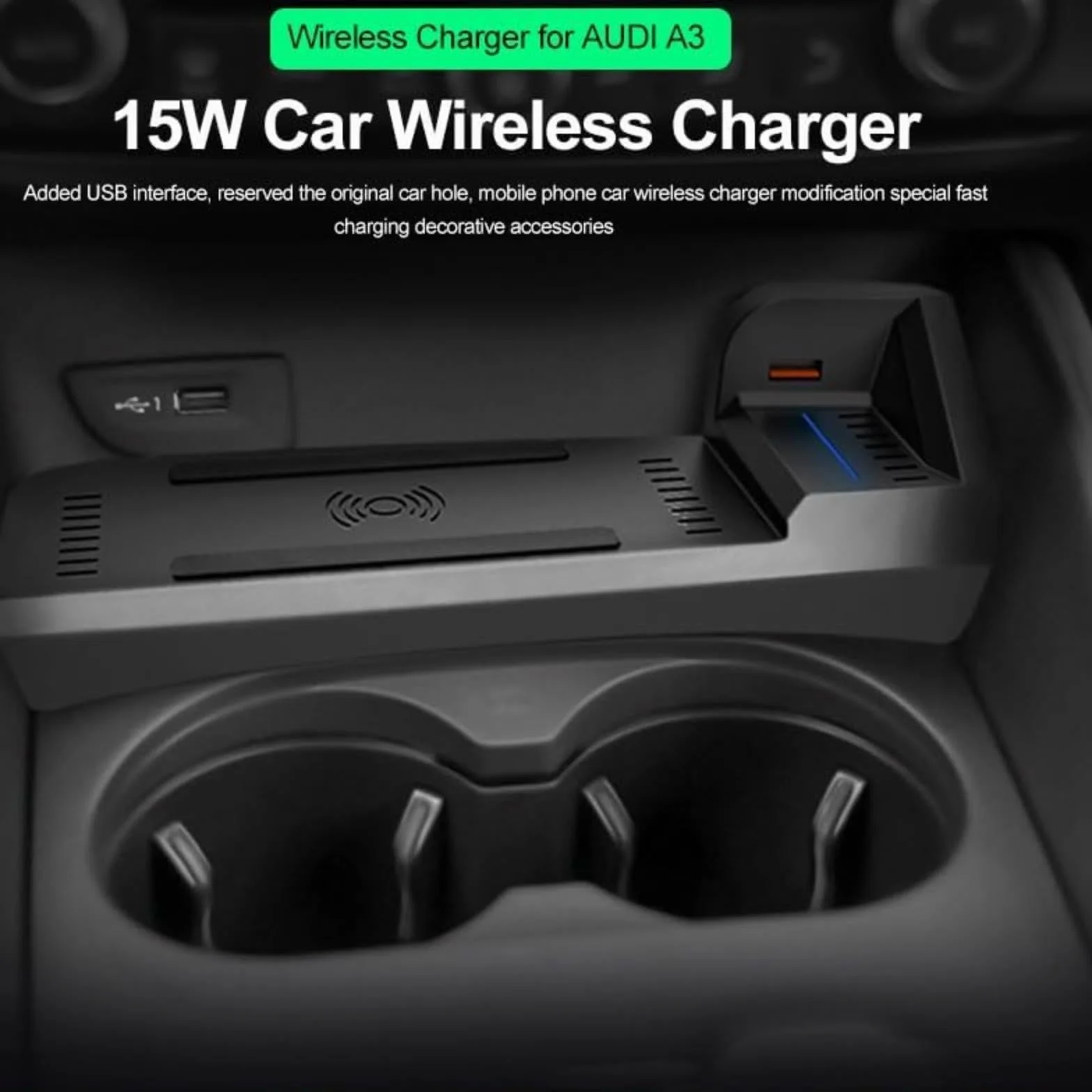 Car Wireless Charger, A3 8V S3 2014-2020 Zapalniczka mobilna Phone Fast Charging Zmodyfikowane Accessories Plate Posiadacz panelu Bezprzewodowa ładowarka samochodowa do telefonu