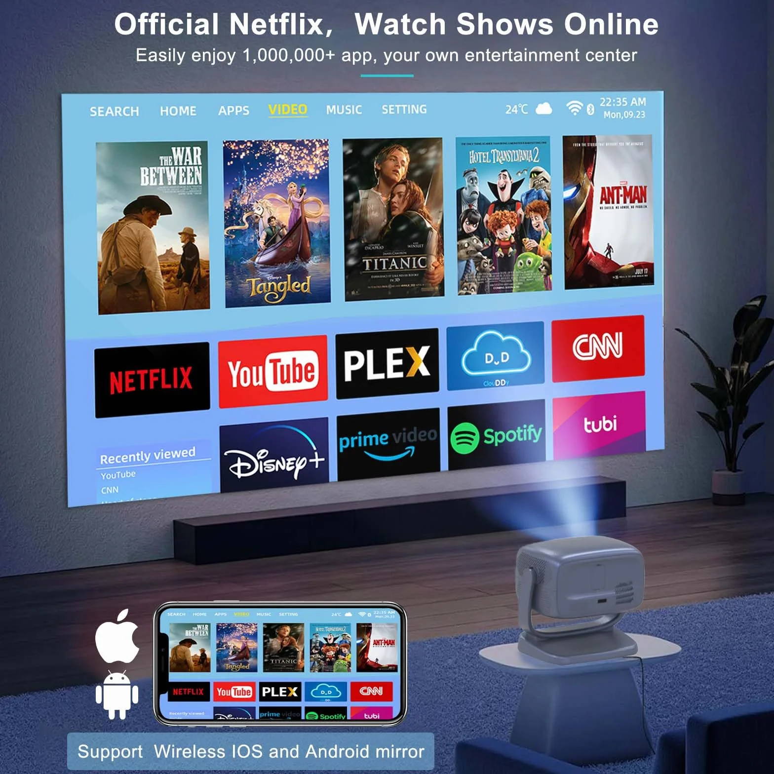 Bezprzewodowy projektor WiFi i przenośny projektor Bluetooth: [autofokus/Keystone/obsługa 360°] Smart TV 4K Projektor filmowy z licencjonowanymi aplikacjami Netflix 850 ASIN