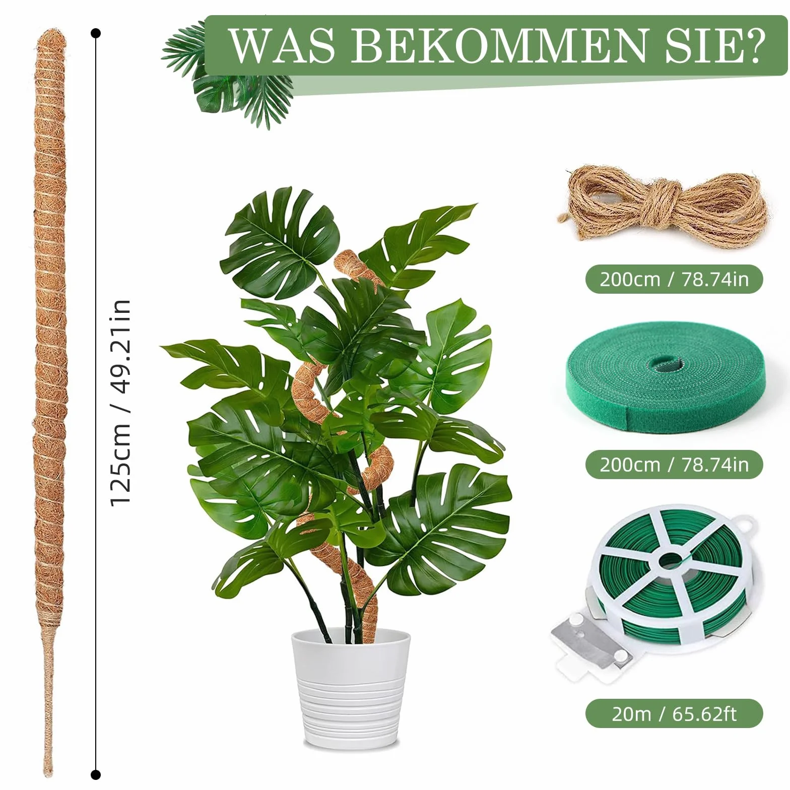 Podpórka wspinaczkowa Monstera 125cm, Kij mchowy dla Monstera z akcesoriami, Podpórka do roślin pokojowych, Wsparcie roślin dla roślin pnących w pomieszczeniach