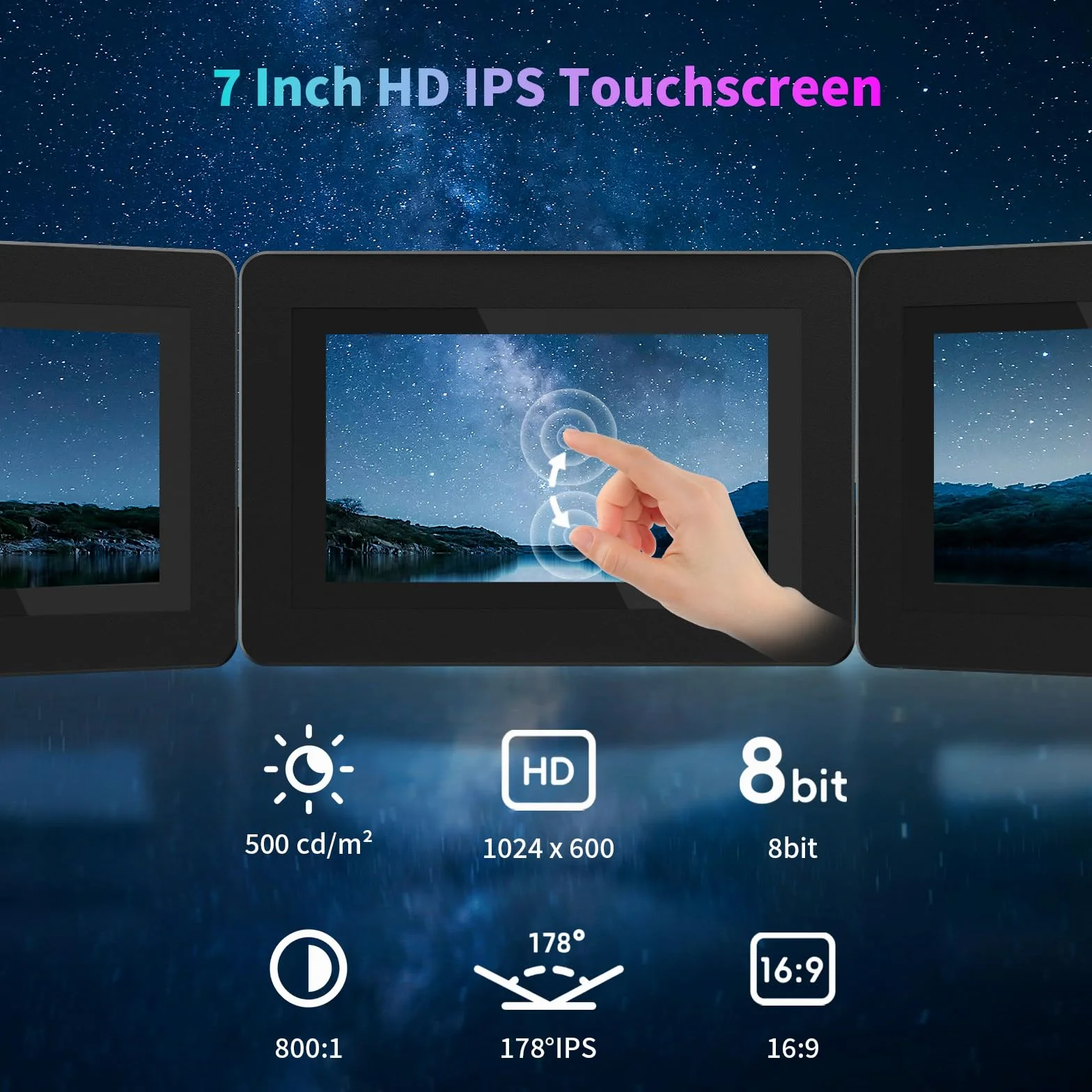 7-calowy ekran dotykowy, 1024 × 600 HD IPS mini monitor z wbudowanymi głośnikami/HDMI/VGA/AV do Raspberry Pi, PC, TV, DVD, CCTV