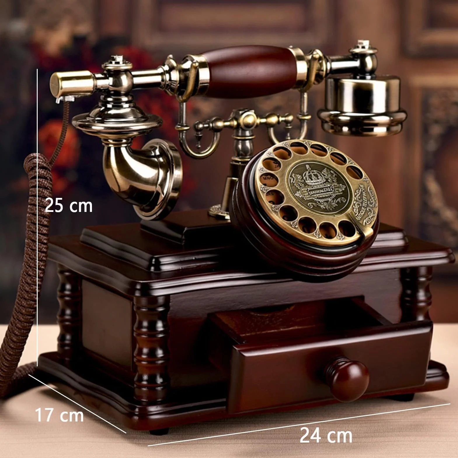 Telefon stacjonarny z obrotową tarczą, telefon stacjonarny z litego drewna, retro, z funkcją i szufladą do przechowywania do domu i biura