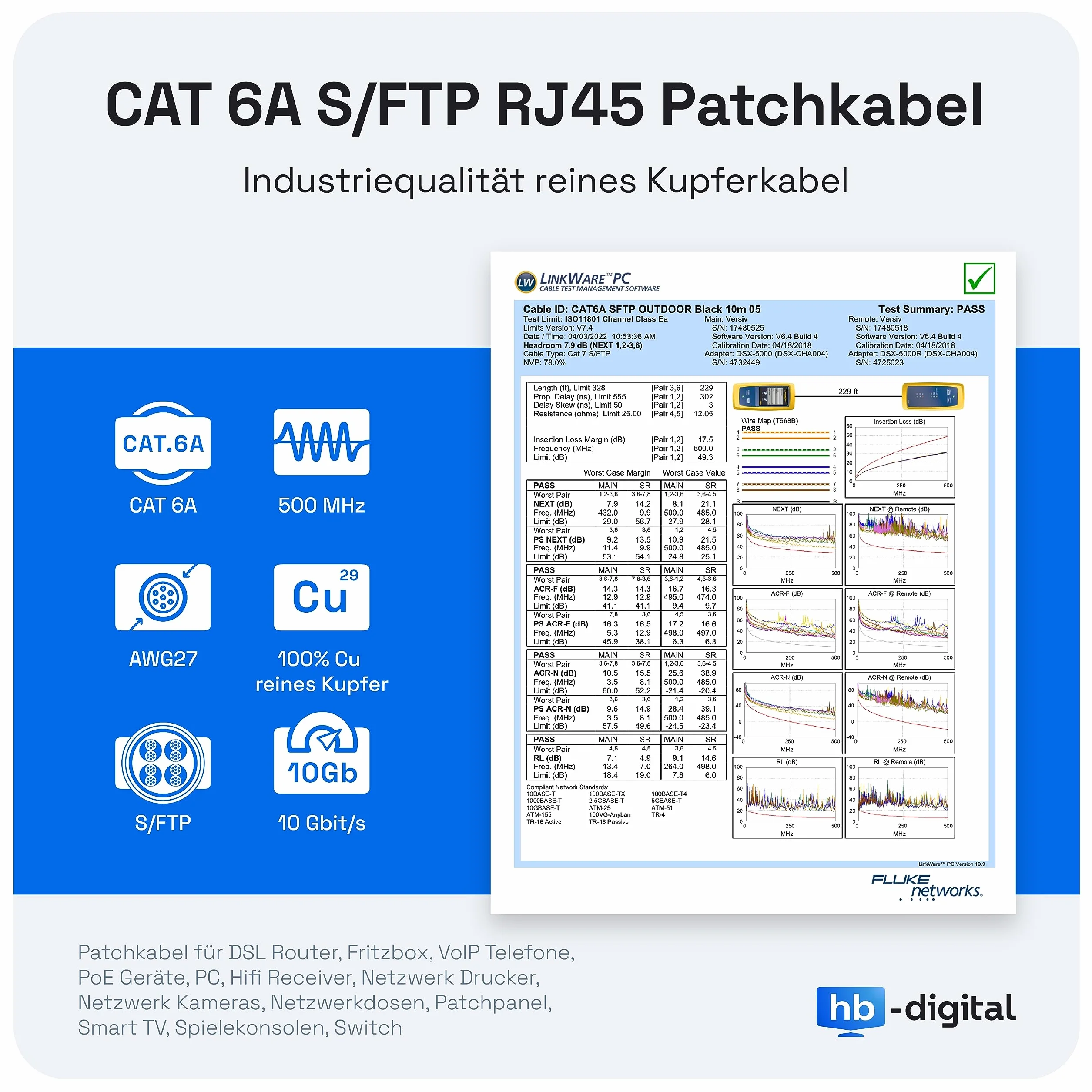 HB-DIGITAL Kabel sieciowy CAT 6a Outdoor LAN IP66 RJ45 Ethernet S/FTP PiMF 10 Gbit/s AWG 27/7 czarny