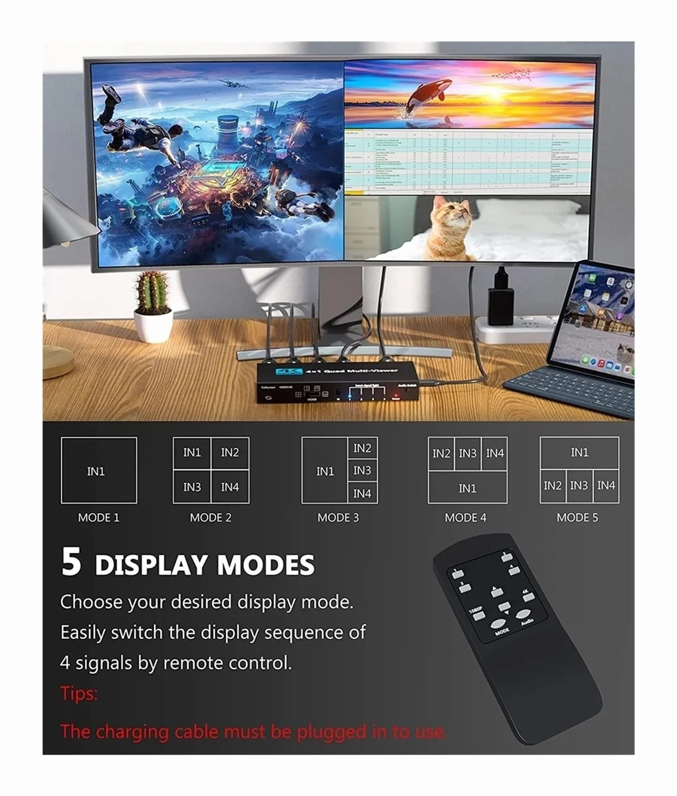4K Quad Multi-viewer Segmentacja ekranu 4x1 Wieloekranowy przełącznik bezproblemowy Multiplekser wideo Lewy Prawy Podwójny wyświetlacz