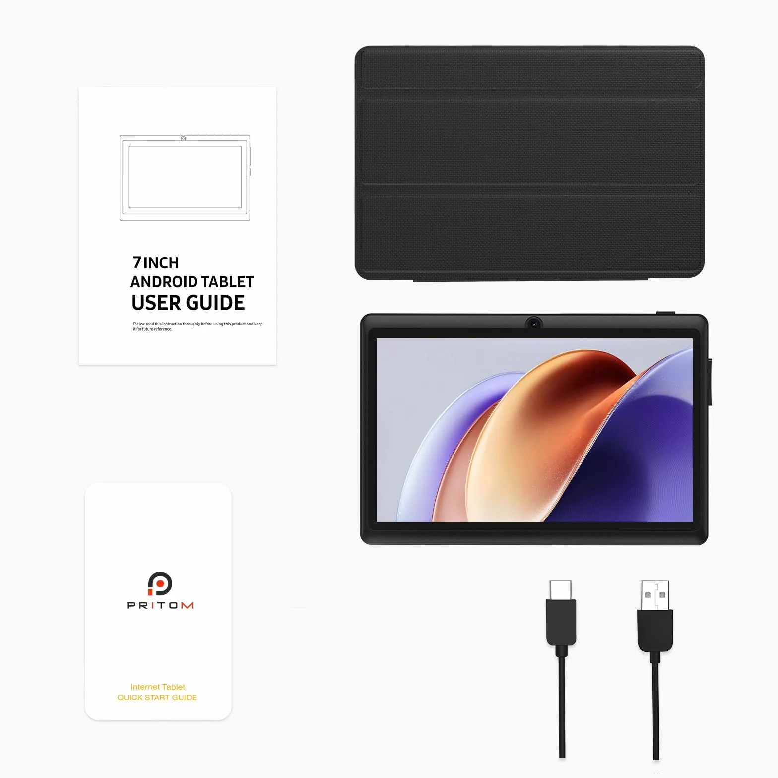 PRITOM 7-calowy tablet z systemem Android 15,8 GB RAM, 32 GB, (rozszerzalny 512 GB), 3500 mAh, tablet PC, Bluetooth, Dual Camera, WiFi, przenośny tablet PC z czarnym etui