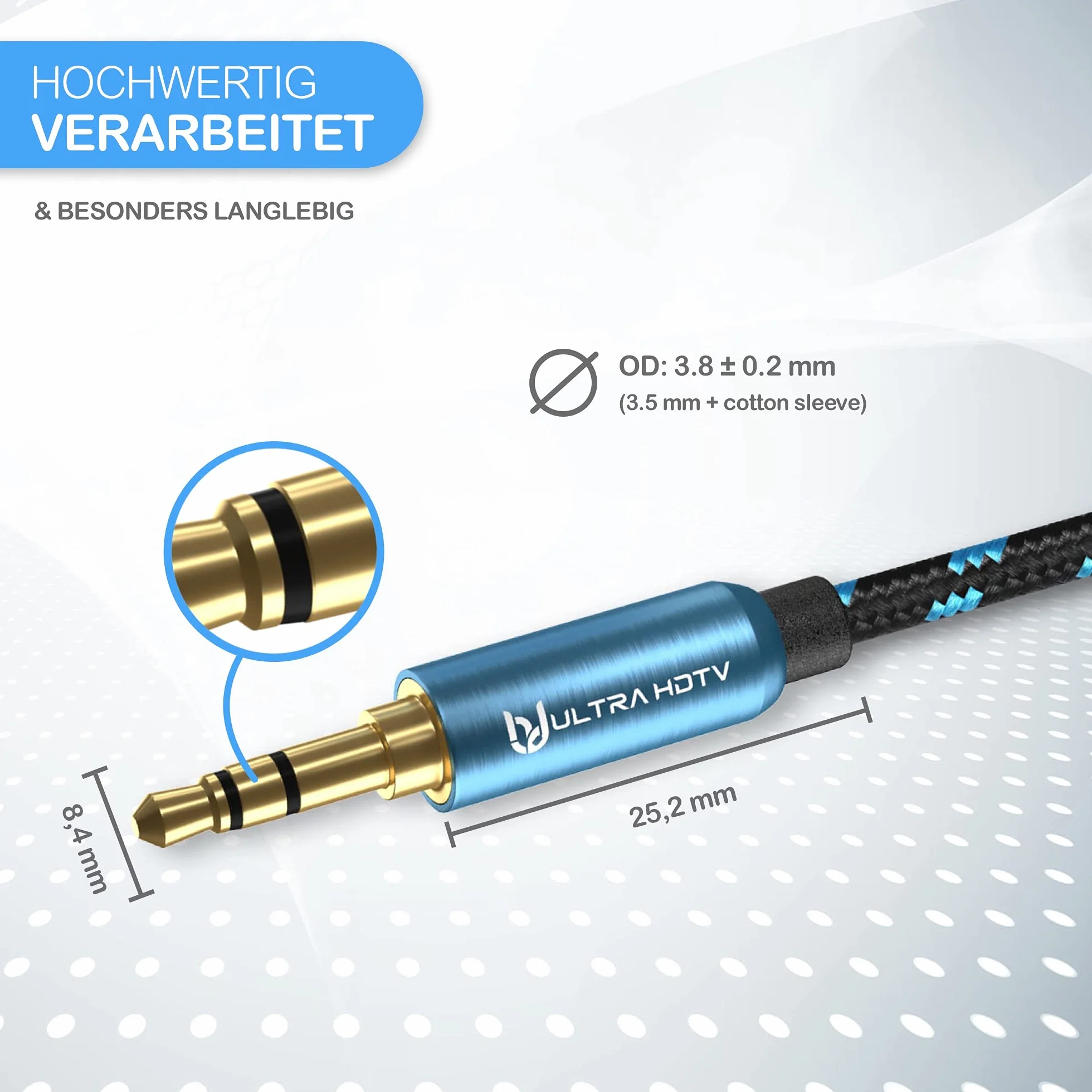 Kabel Ultra HDTV Premium AUX — 2-metrowy kabel jack z wtyczką jack 3,5 mm do 3,5 mm, stereofoniczny kabel audio z ochroną przed zagięciem, nylonowa osłona, w pełni metalowe wtyczki i pozłacane styki