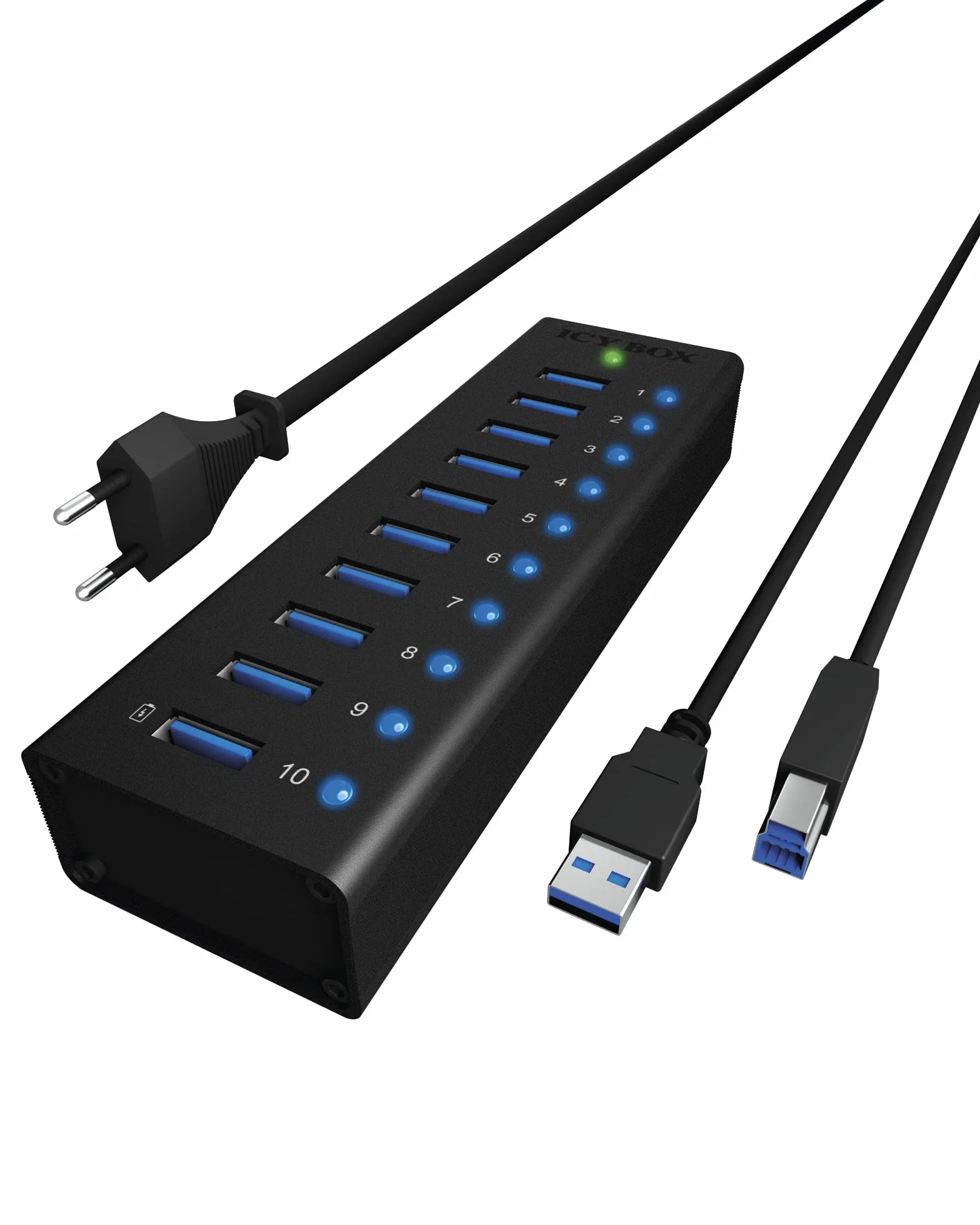 ICY BOX IB-AC6110 10-krotny koncentrator USB 3.0 z zasilaczem (12 V/4 A), port ładowania, w pełni aluminiowy, mocowanie na rzepy, czarny